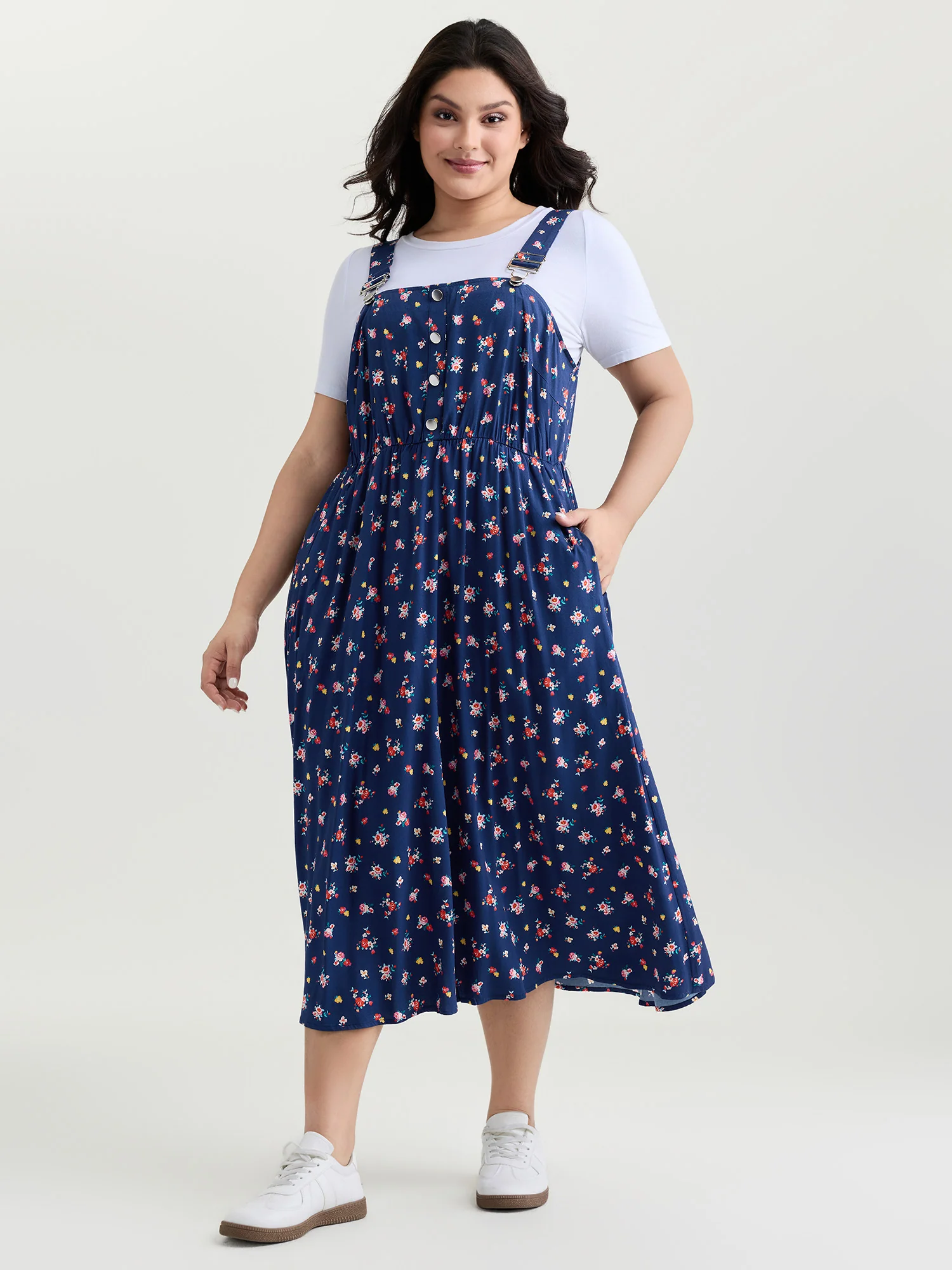 Sweet Floral Print Adjustable Midi Overall Dress - Image 3