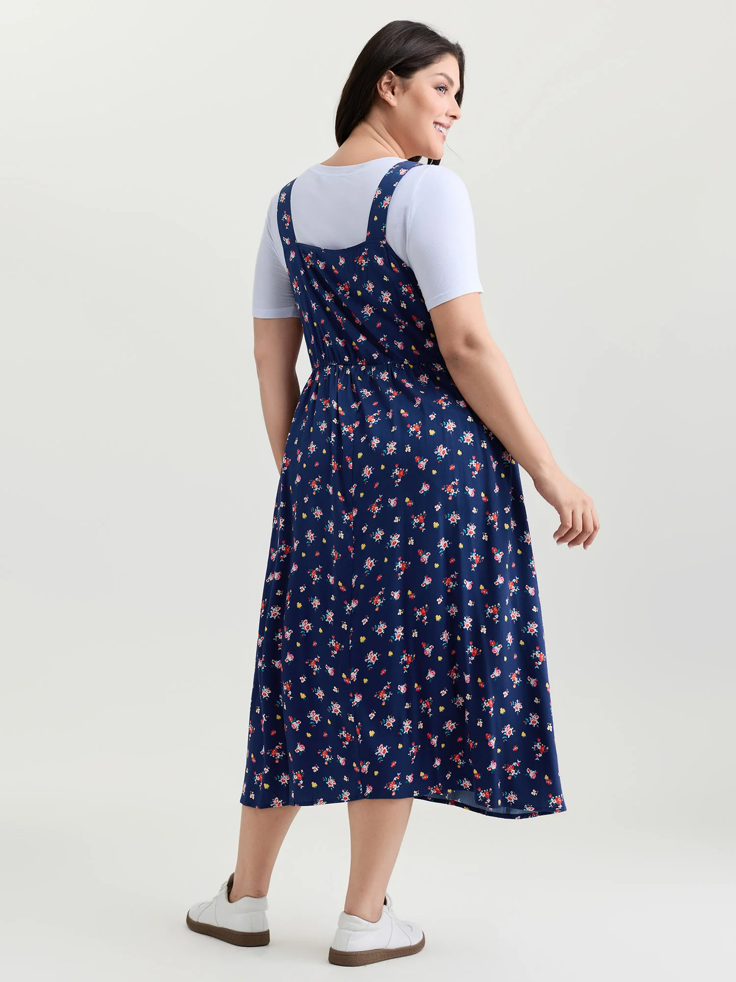 Sweet Floral Print Adjustable Midi Overall Dress - Image 4