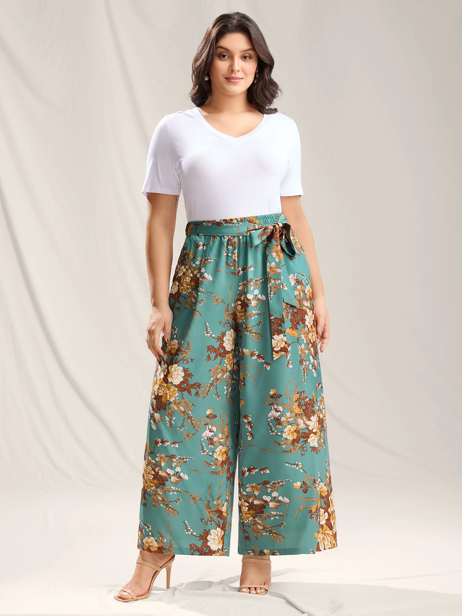 Sweet Floral Print Belted Wide-Leg Pants - Image 2
