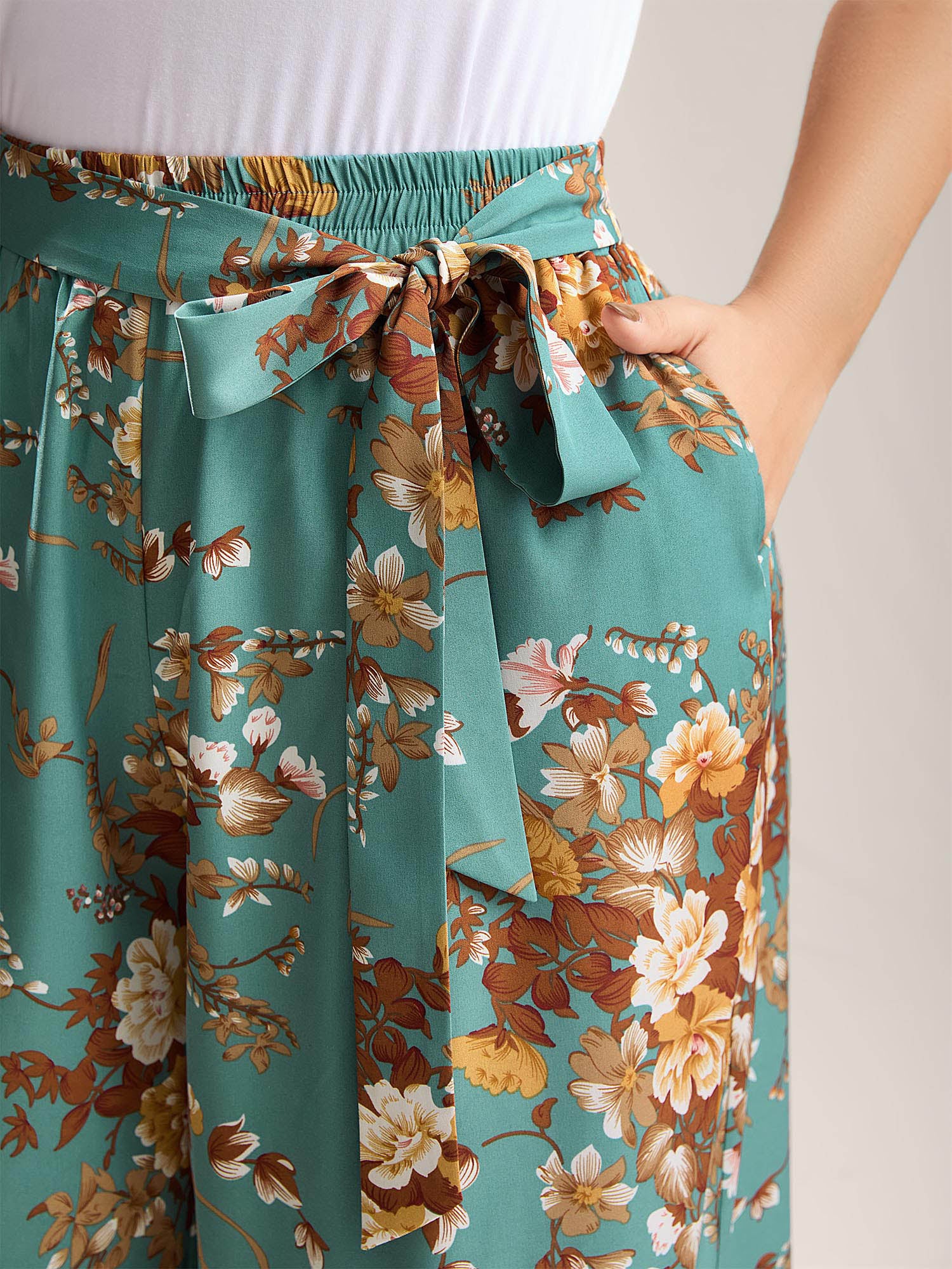 Sweet Floral Print Belted Wide-Leg Pants - Image 3