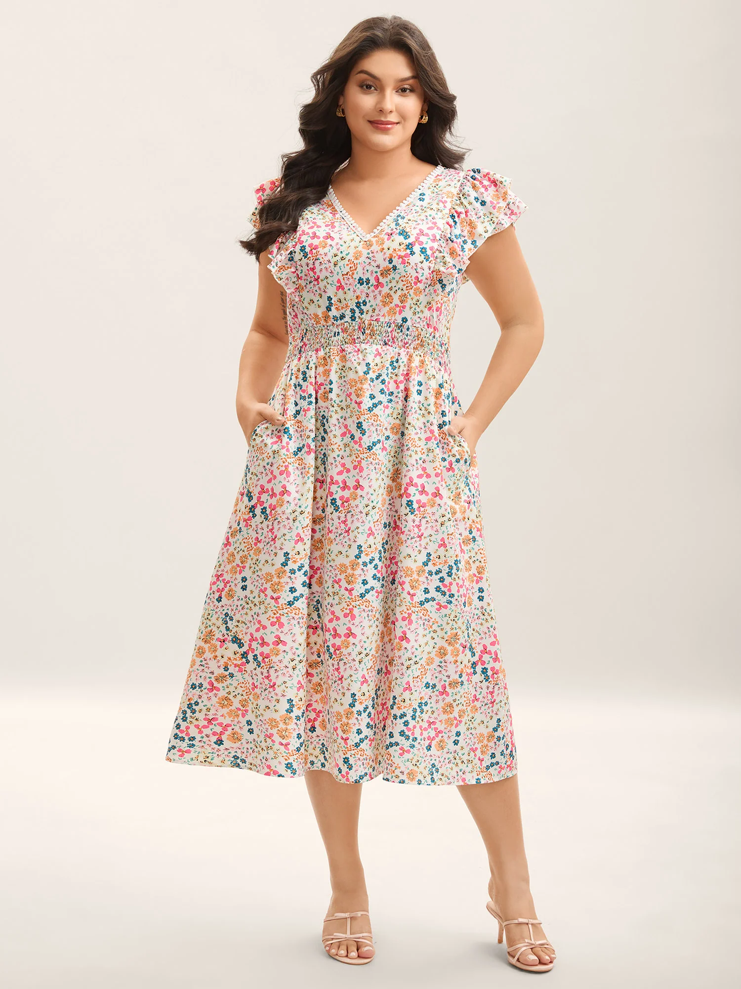 Sweet Floral Print Lace Neck Midi Dress - Image 3