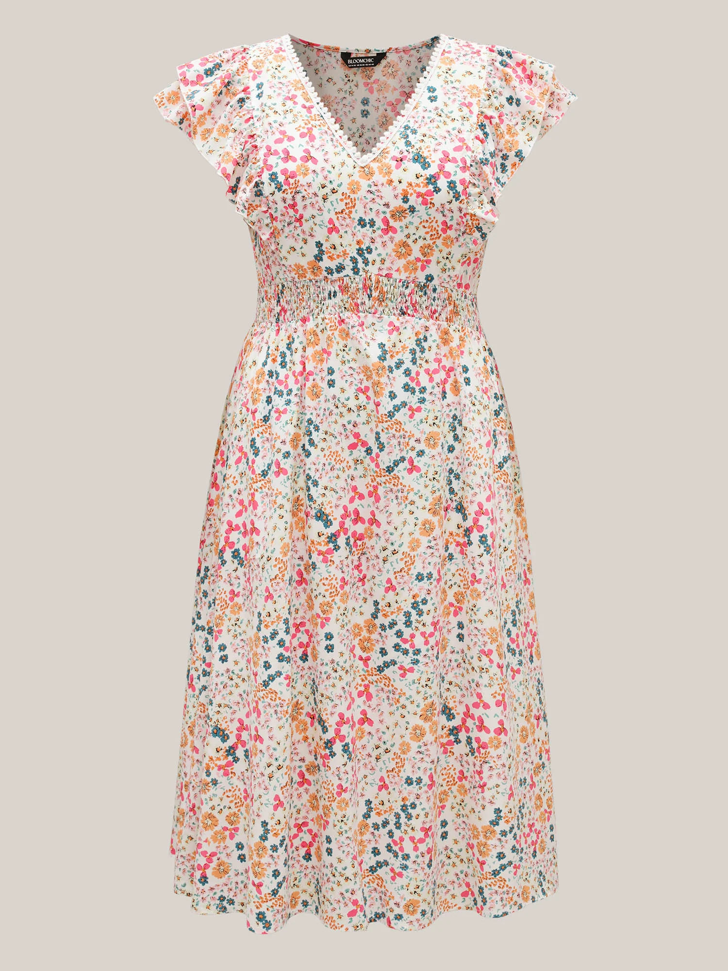 Sweet Floral Print Lace Neck Midi Dress - Image 7