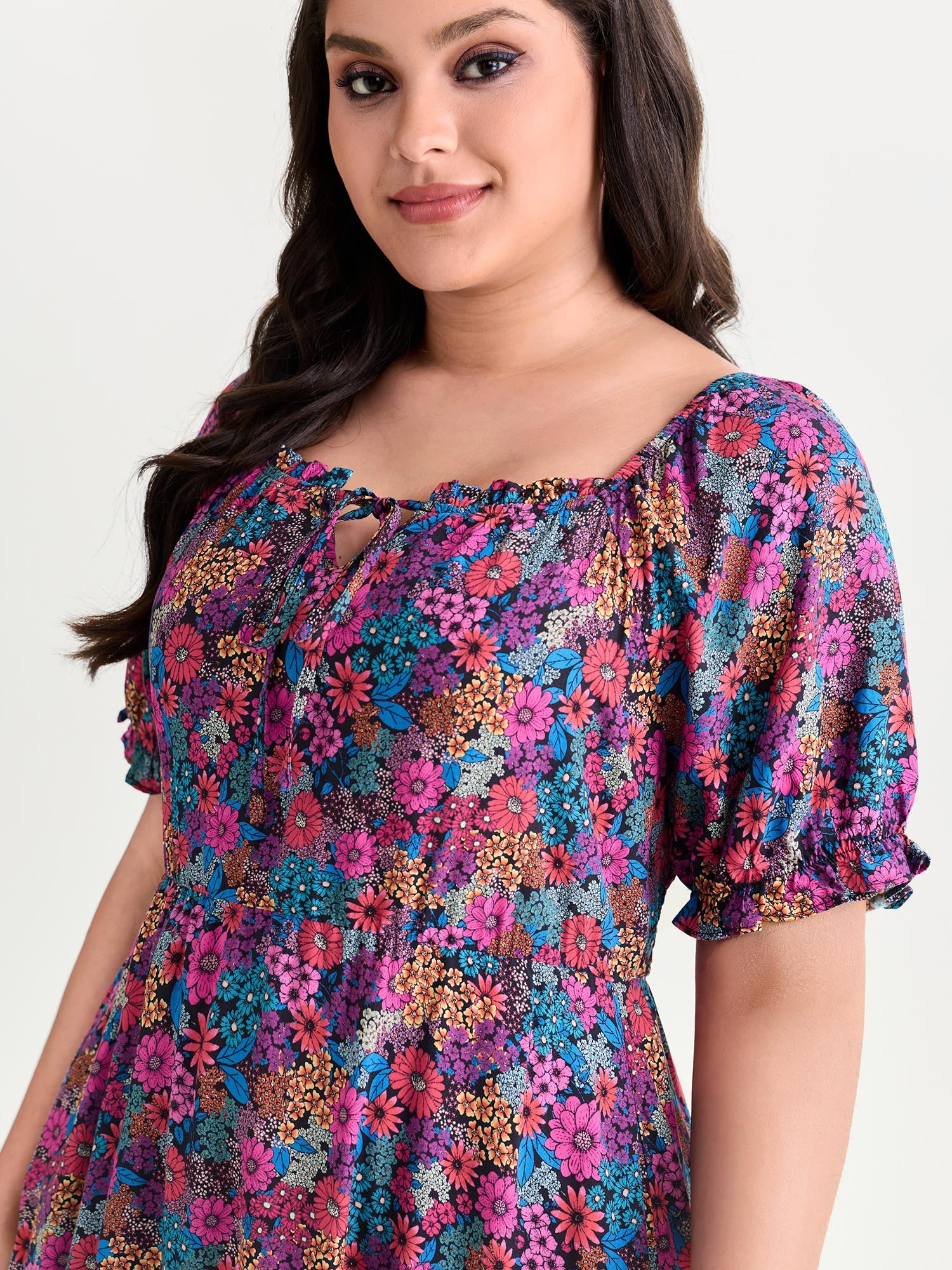 Sweet Floral Print Puff Sleeve Midi Dress - Image 2