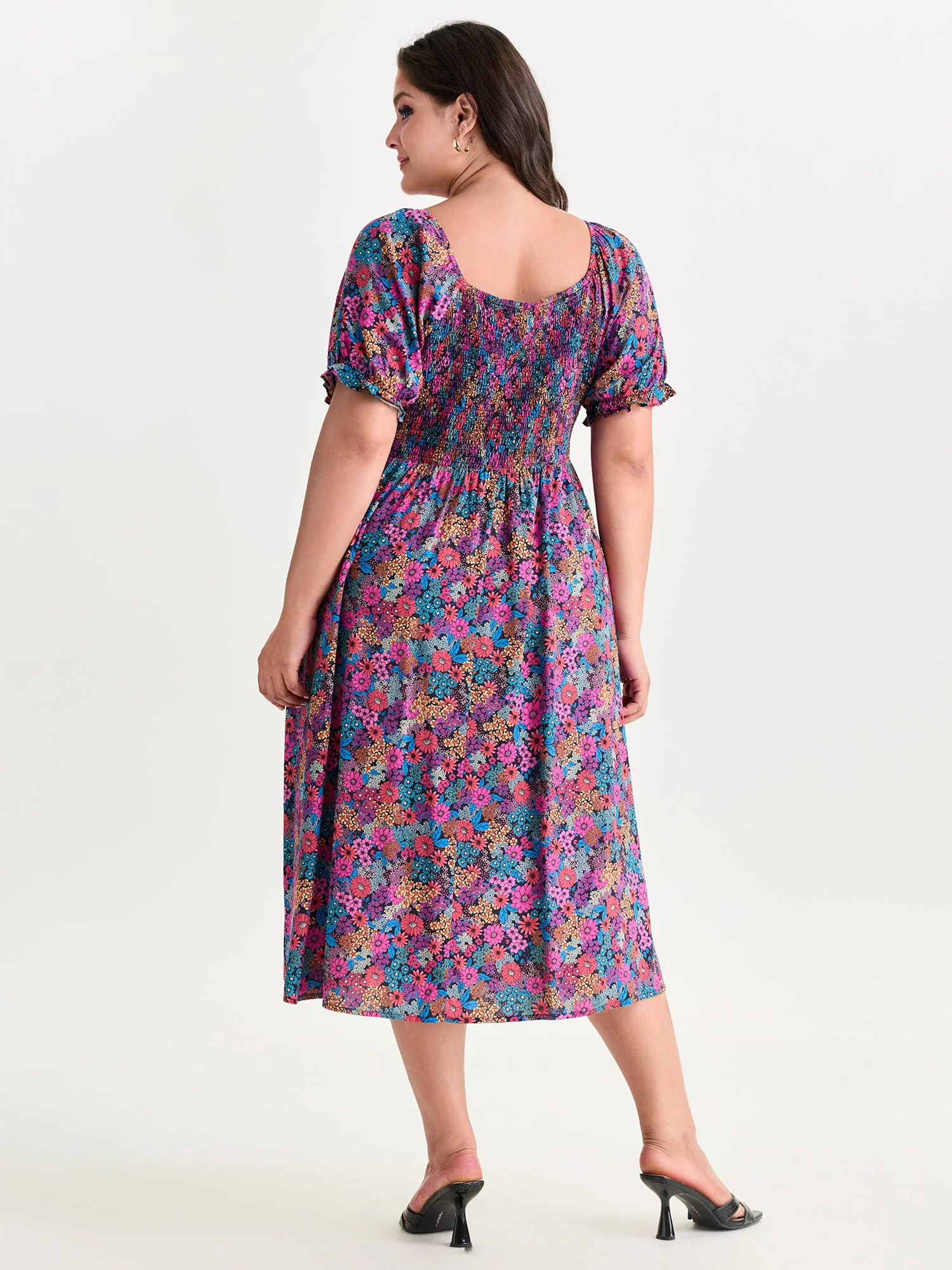 Sweet Floral Print Puff Sleeve Midi Dress - Image 3