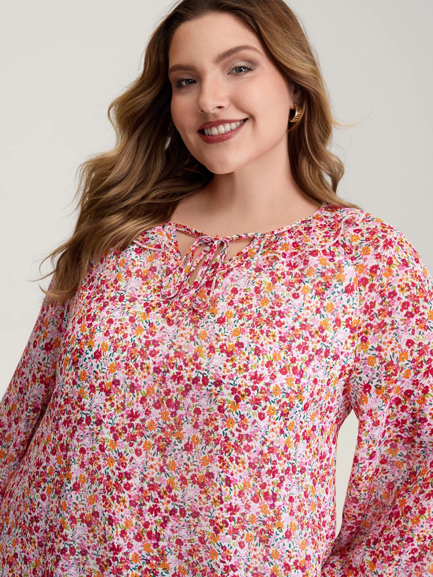 Sweet Floral Print Ruffled Neck Blouse - Image 2