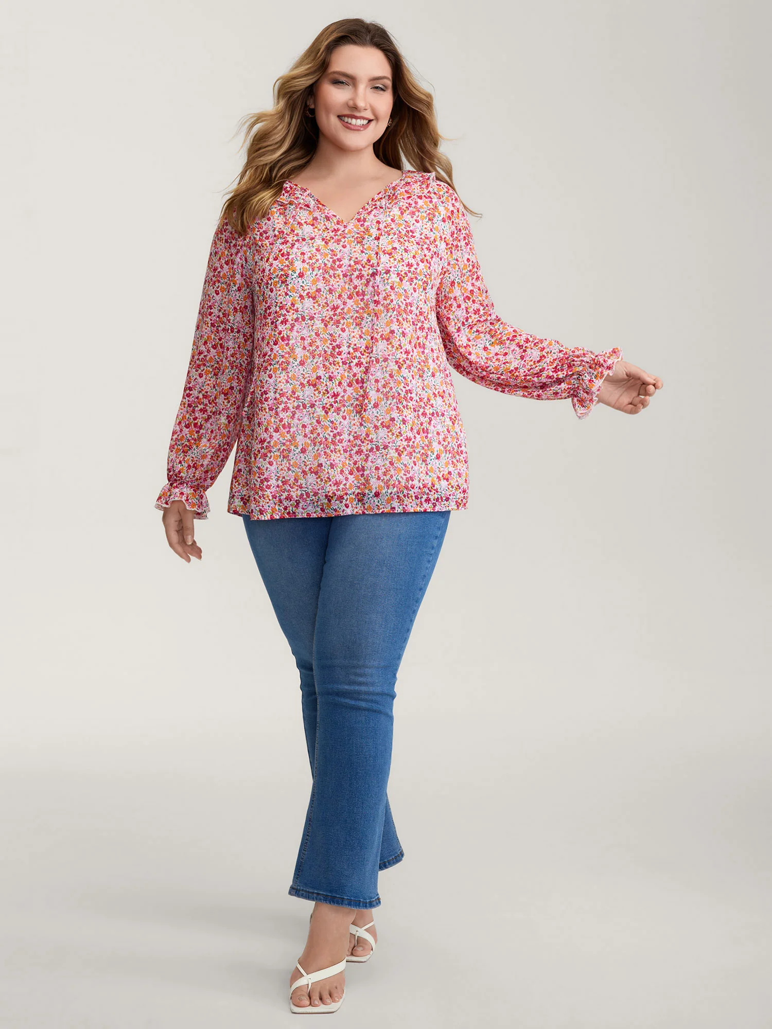 Sweet Floral Print Ruffled Neck Blouse - Image 3