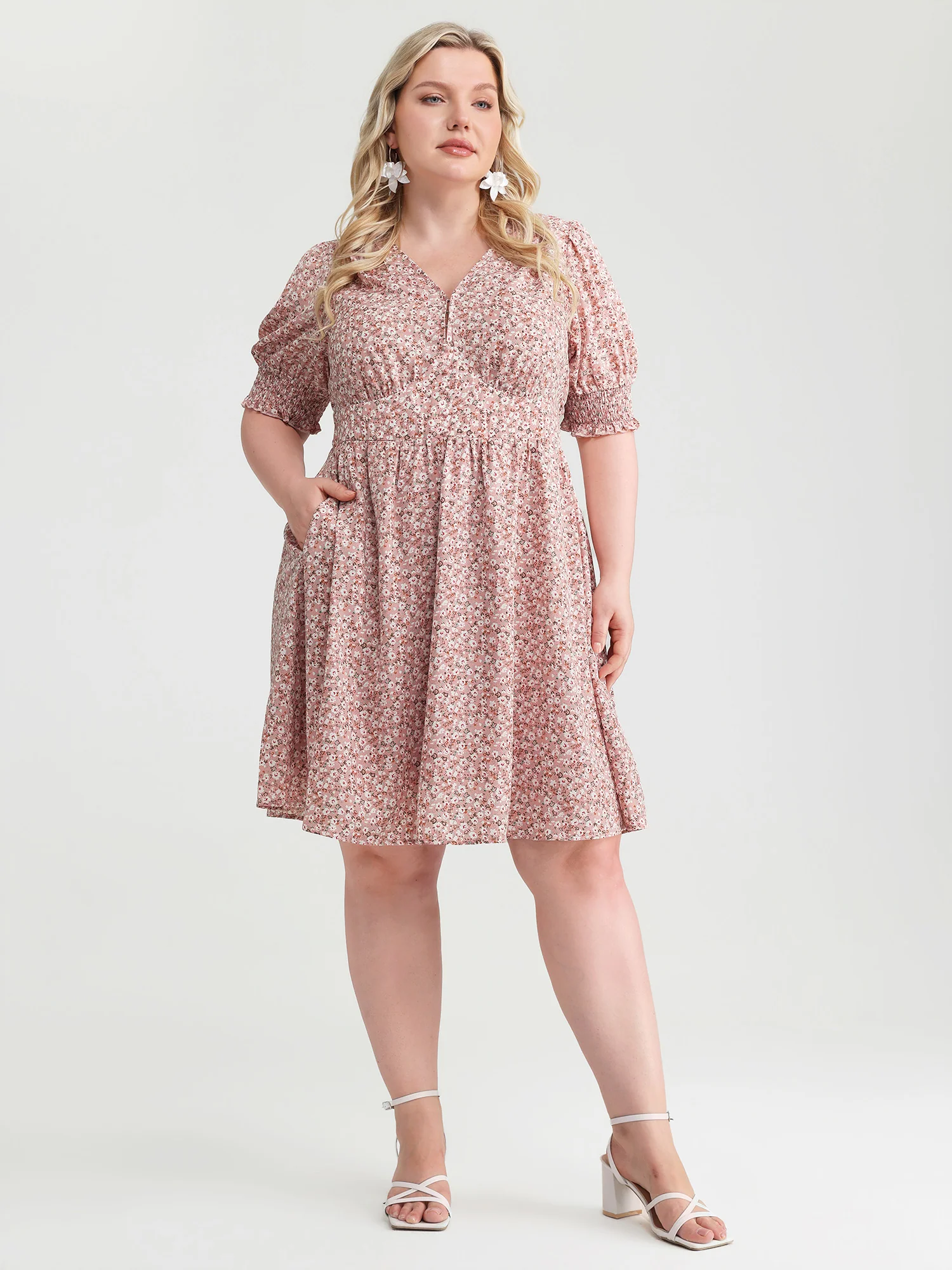 Sweet Floral Print Shirred Cuffs Pockets Midi Dress - Image 3
