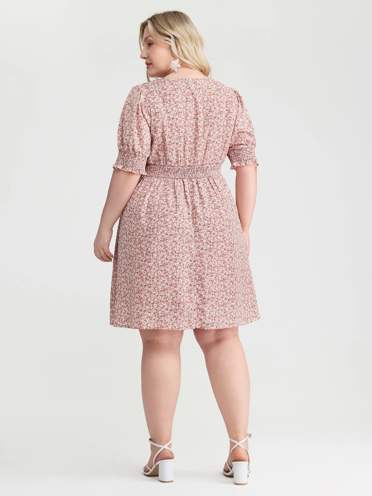 Sweet Floral Print Shirred Cuffs Pockets Midi Dress - Image 5