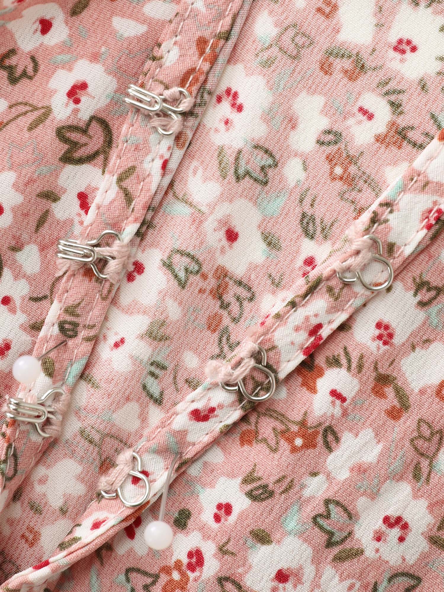 Sweet Floral Print Shirred Cuffs Pockets Midi Dress - Image 6