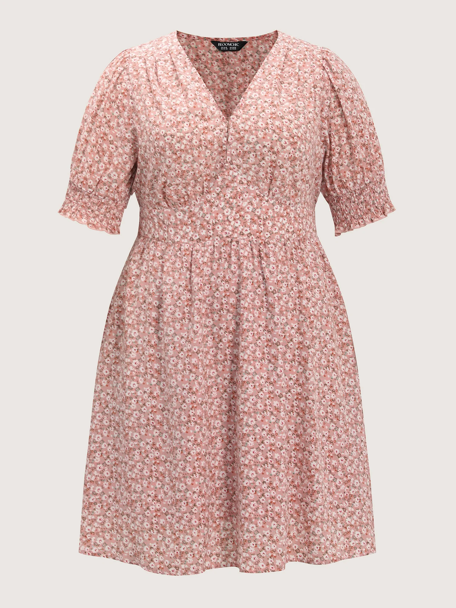 Sweet Floral Print Shirred Cuffs Pockets Midi Dress - Image 8