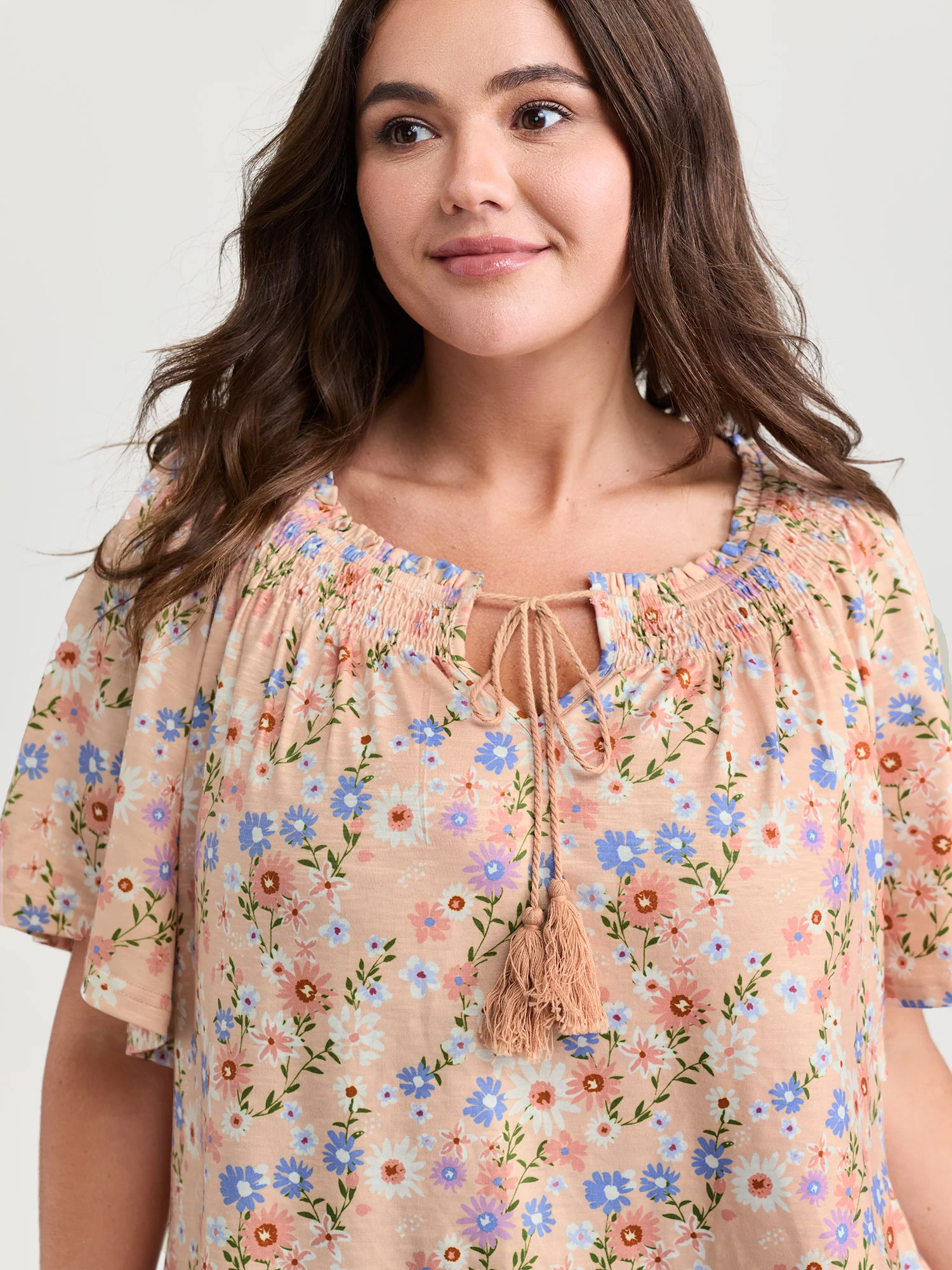 Sweet Floral Print Shirred Drawstring Neckline Top - Image 2
