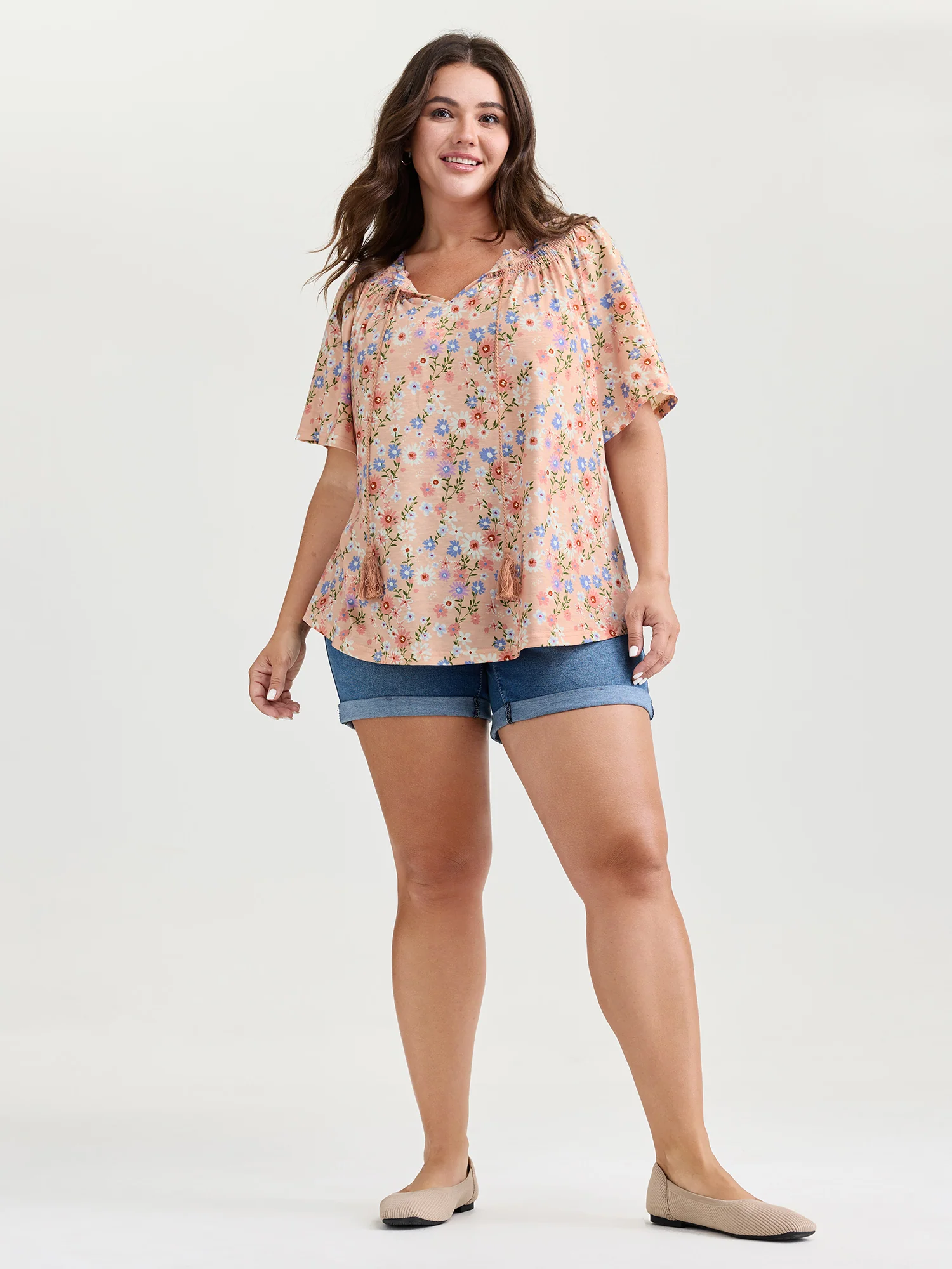 Sweet Floral Print Shirred Drawstring Neckline Top - Image 3
