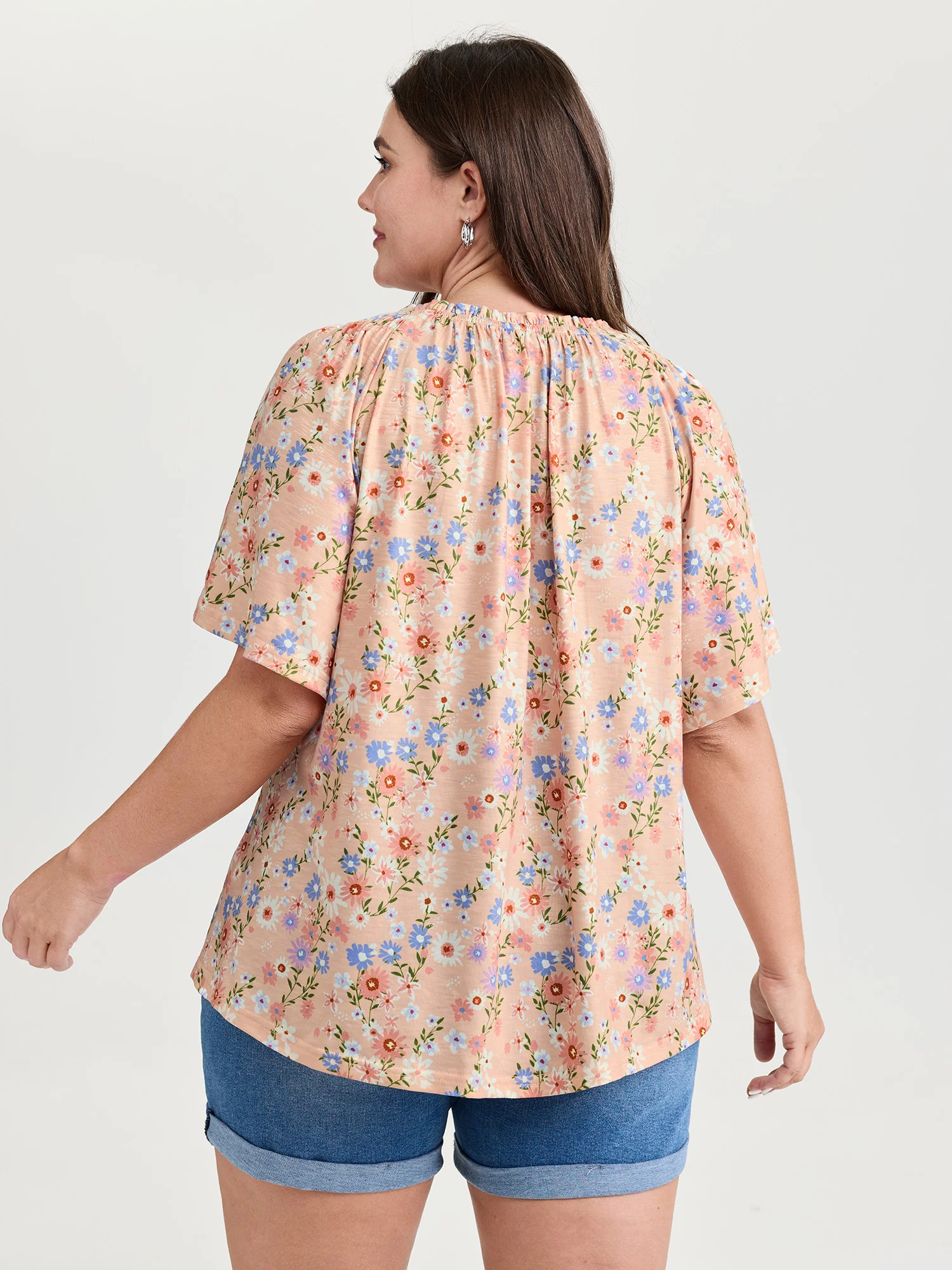Sweet Floral Print Shirred Drawstring Neckline Top - Image 4