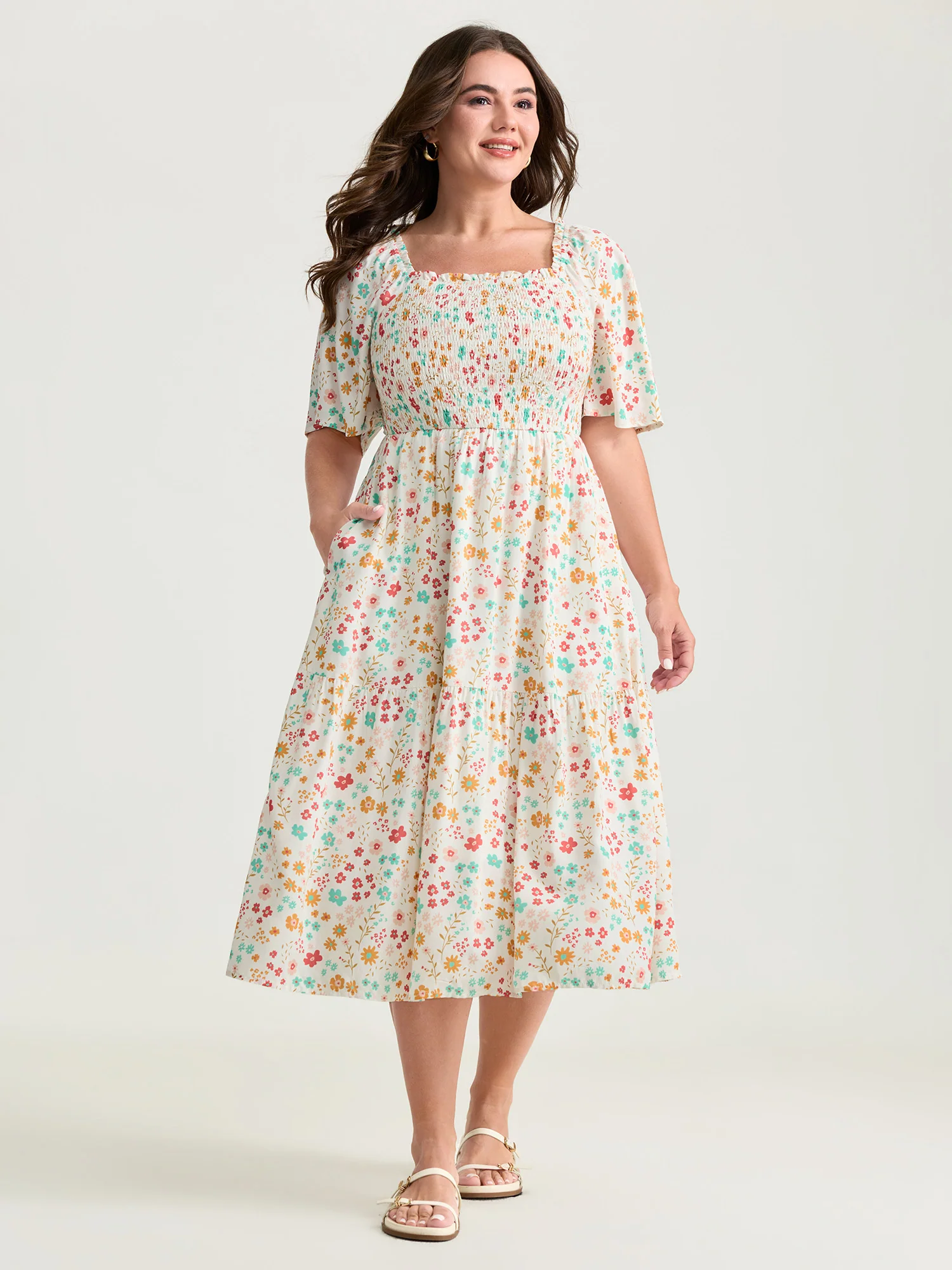 Sweet Floral Print Shirred Square Neckline Midi Dress - Image 2