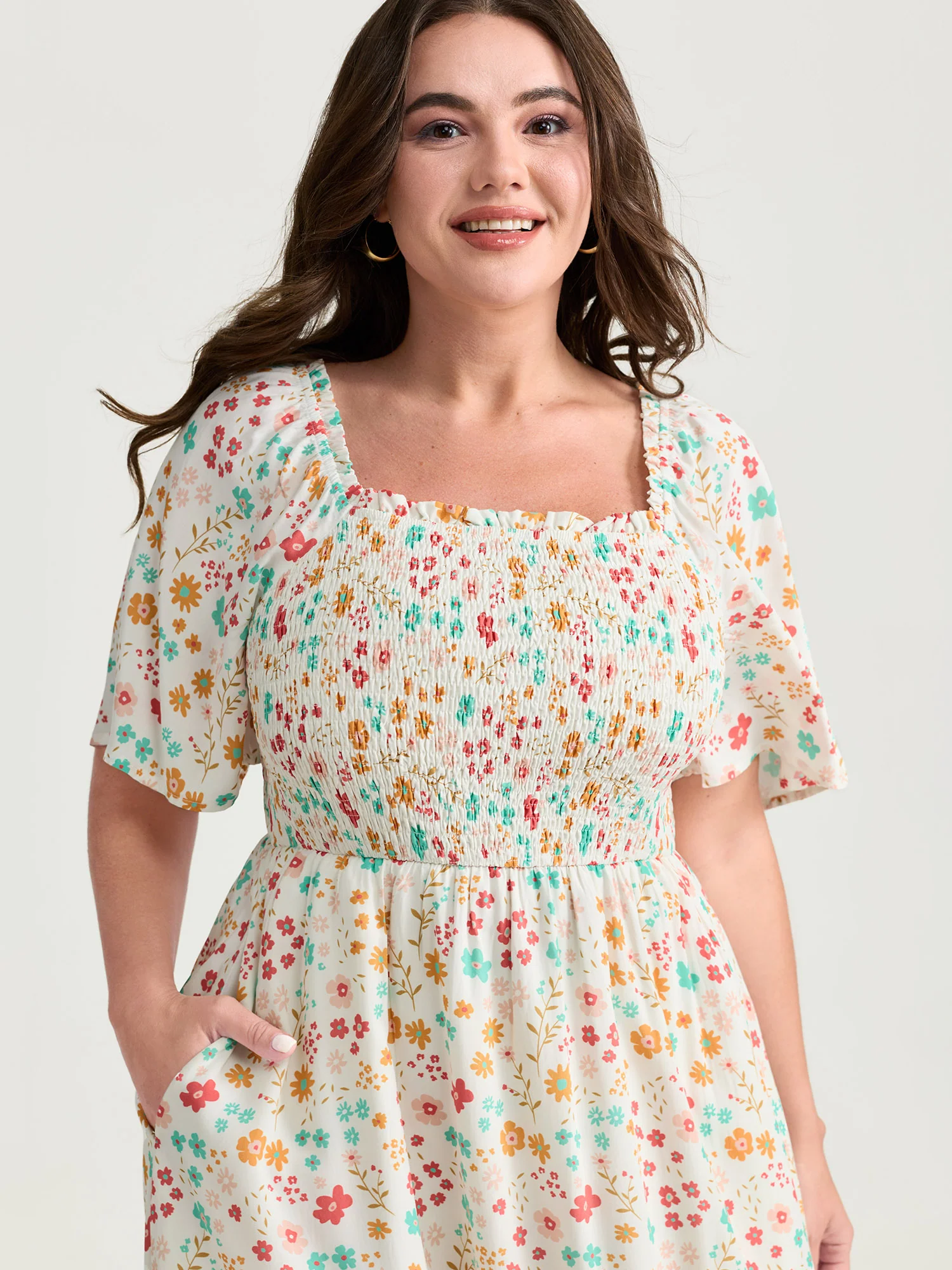 Sweet Floral Print Shirred Square Neckline Midi Dress - Image 3