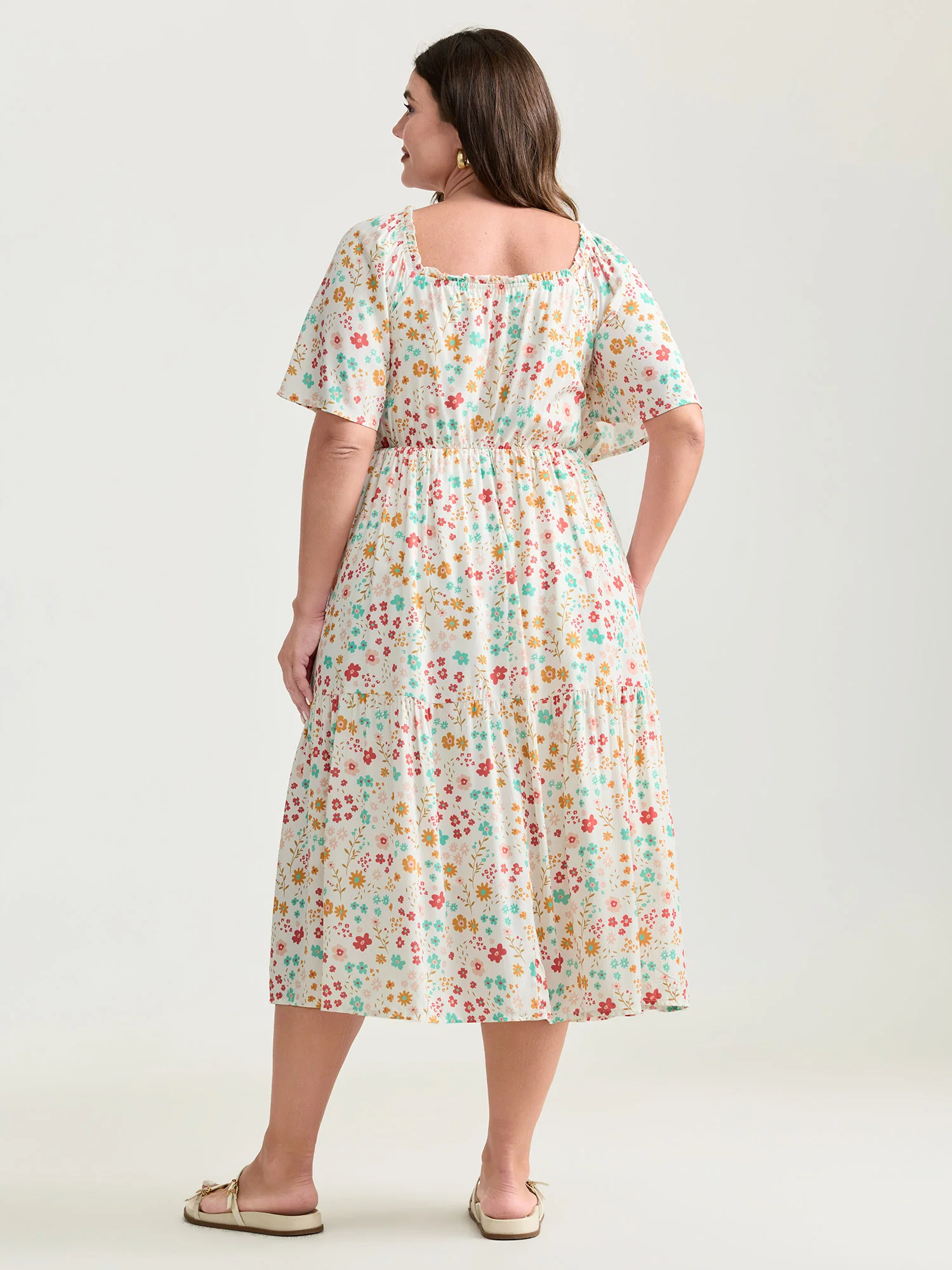 Sweet Floral Print Shirred Square Neckline Midi Dress - Image 4