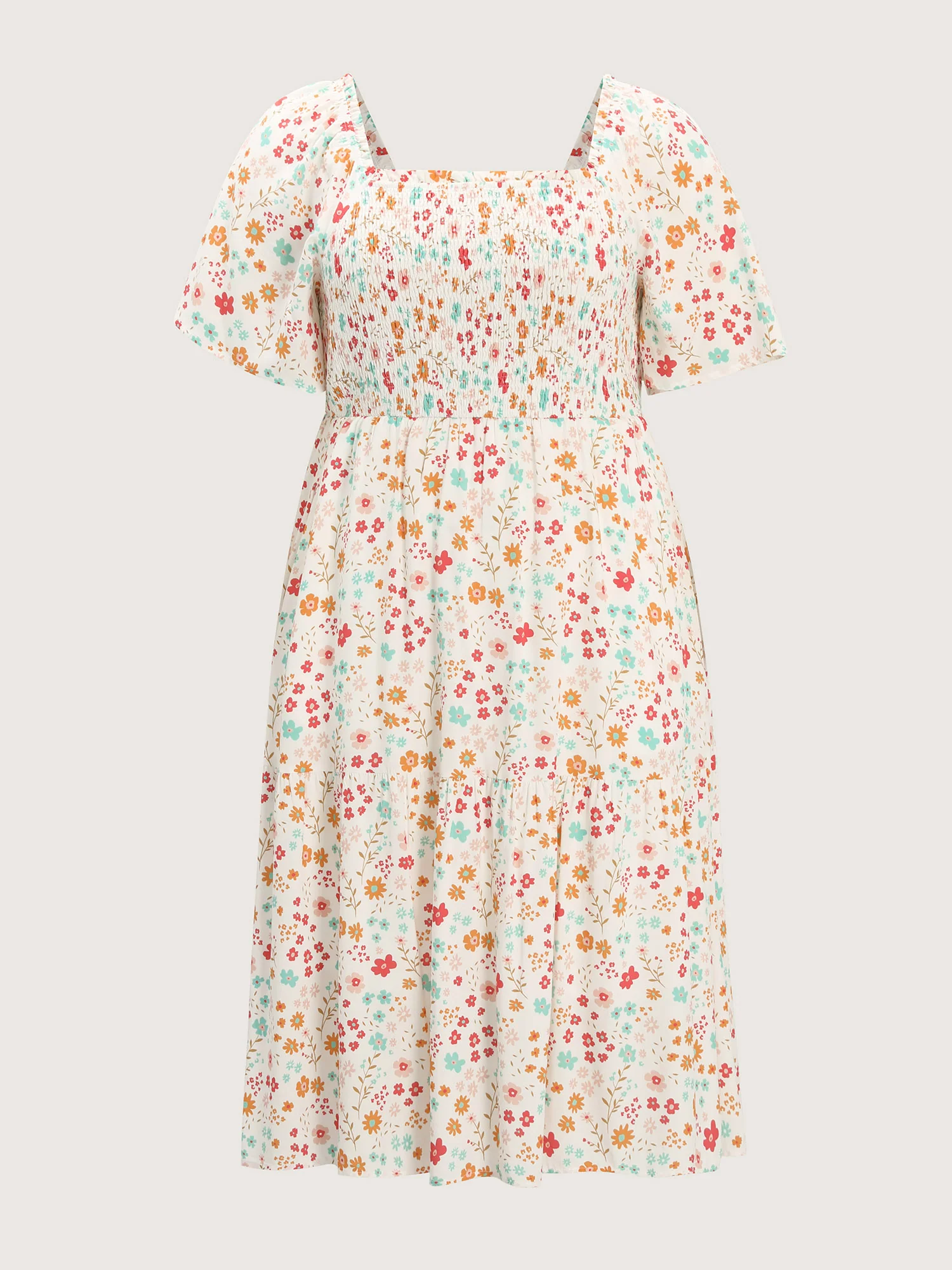 Sweet Floral Print Shirred Square Neckline Midi Dress - Image 7