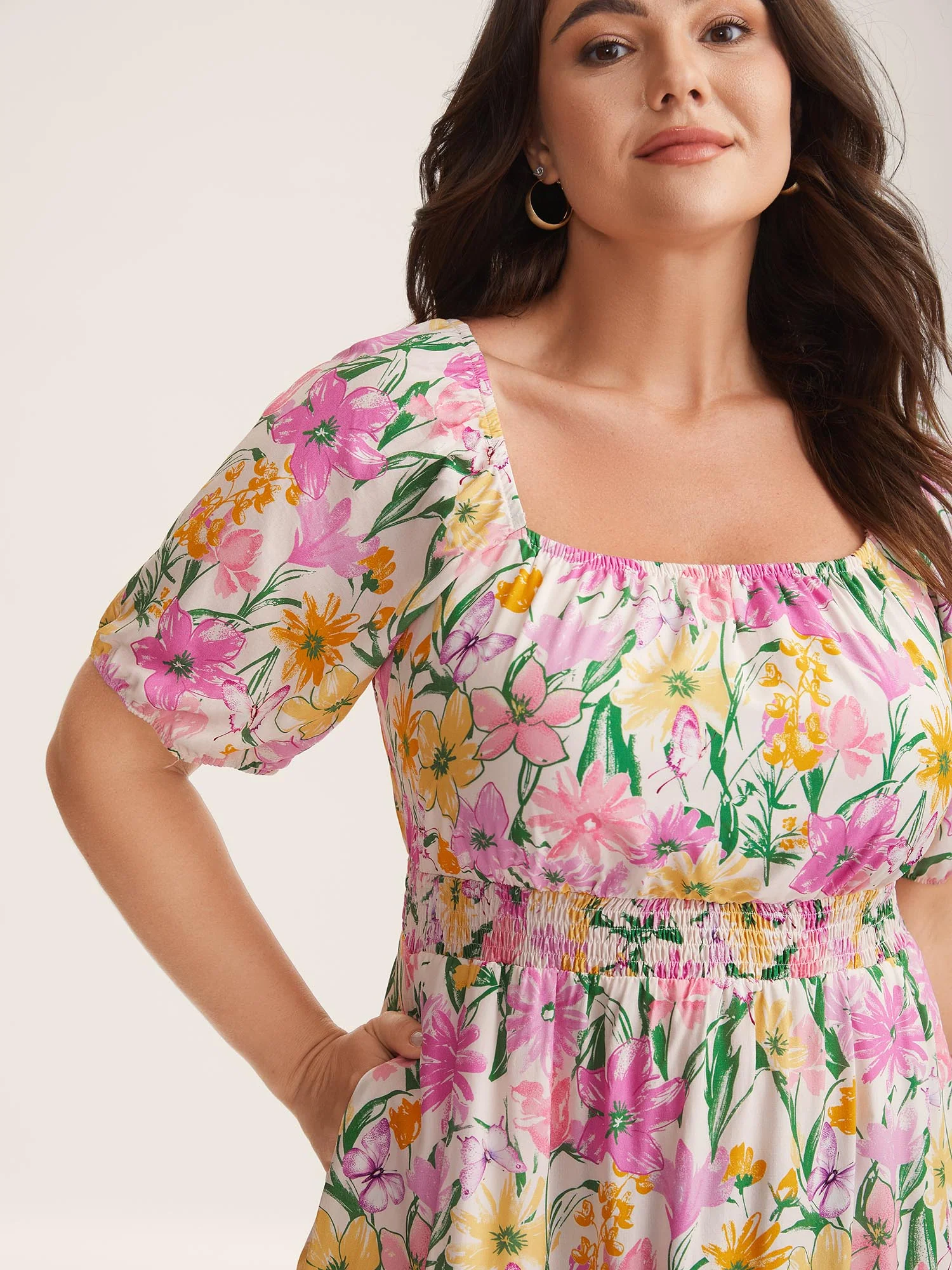 Sweet Floral Print Square Neck Midi Dress - Image 2
