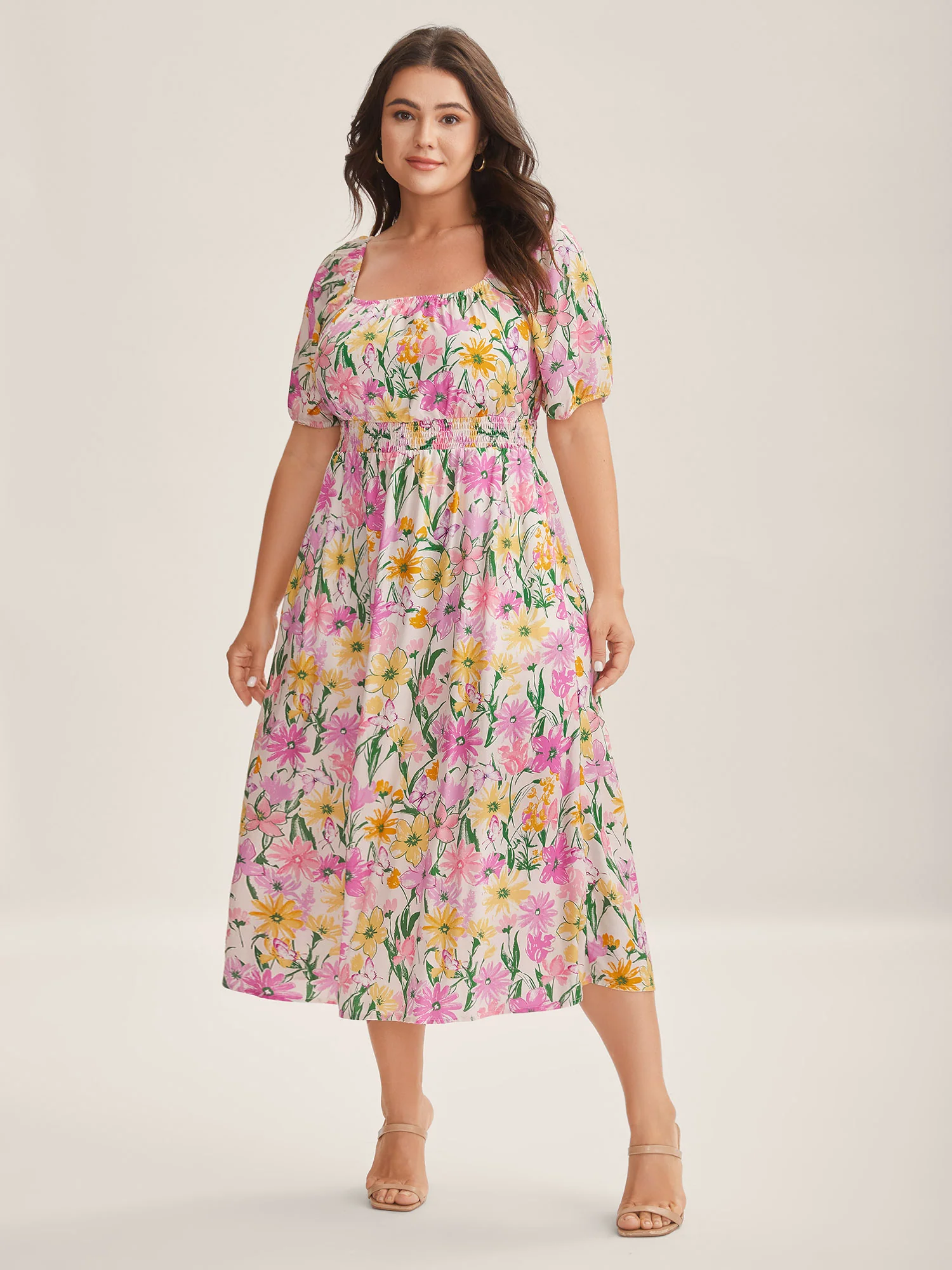 Sweet Floral Print Square Neck Midi Dress - Image 3