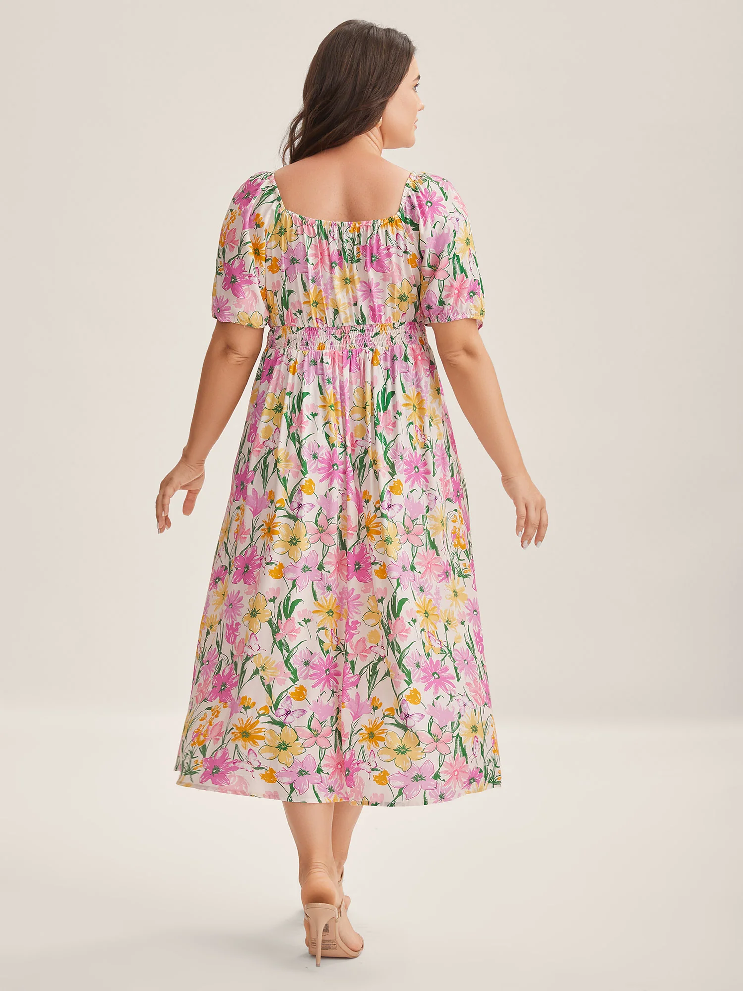 Sweet Floral Print Square Neck Midi Dress - Image 4