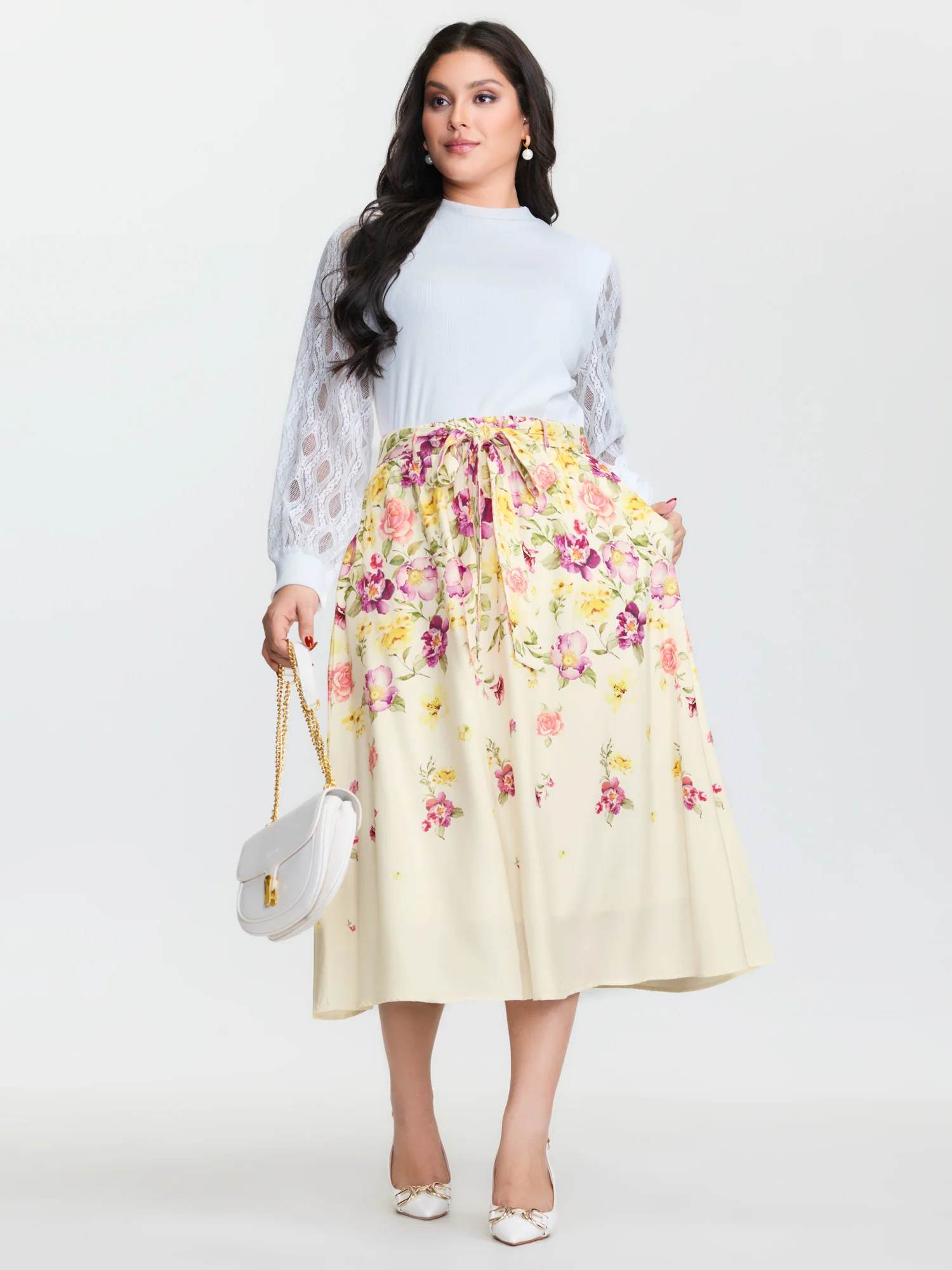 Sweet Floral Print Stretchy Waist Midi Skirt - Image 2
