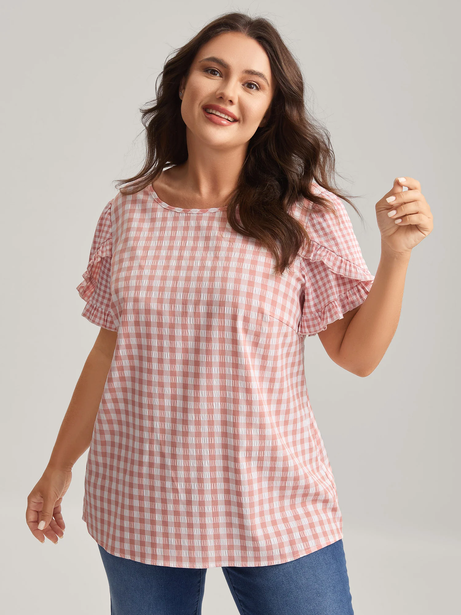 Sweet Gingham Wrinkled Petal Sleeve Blouse - Image 2