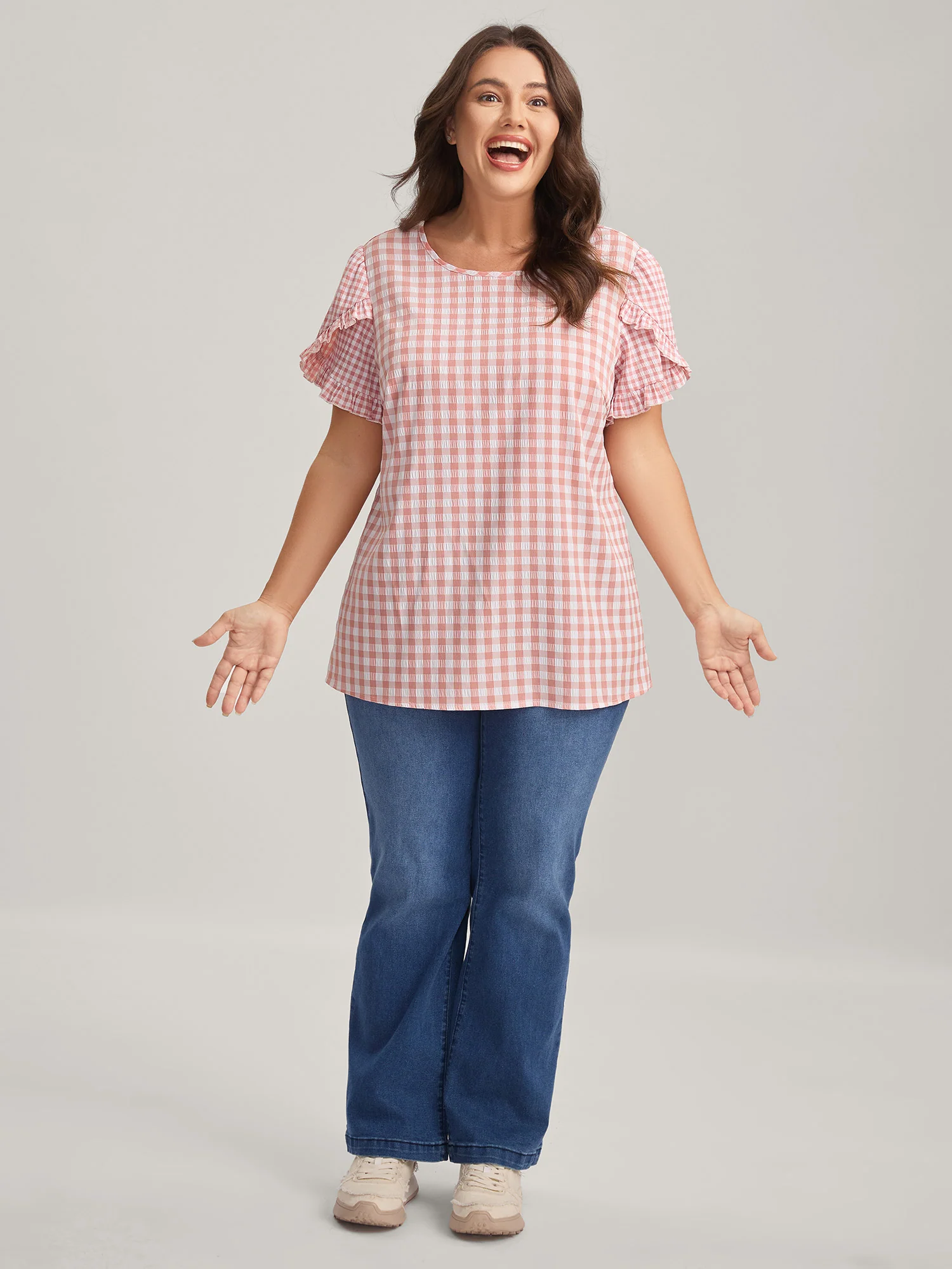 Sweet Gingham Wrinkled Petal Sleeve Blouse - Image 3