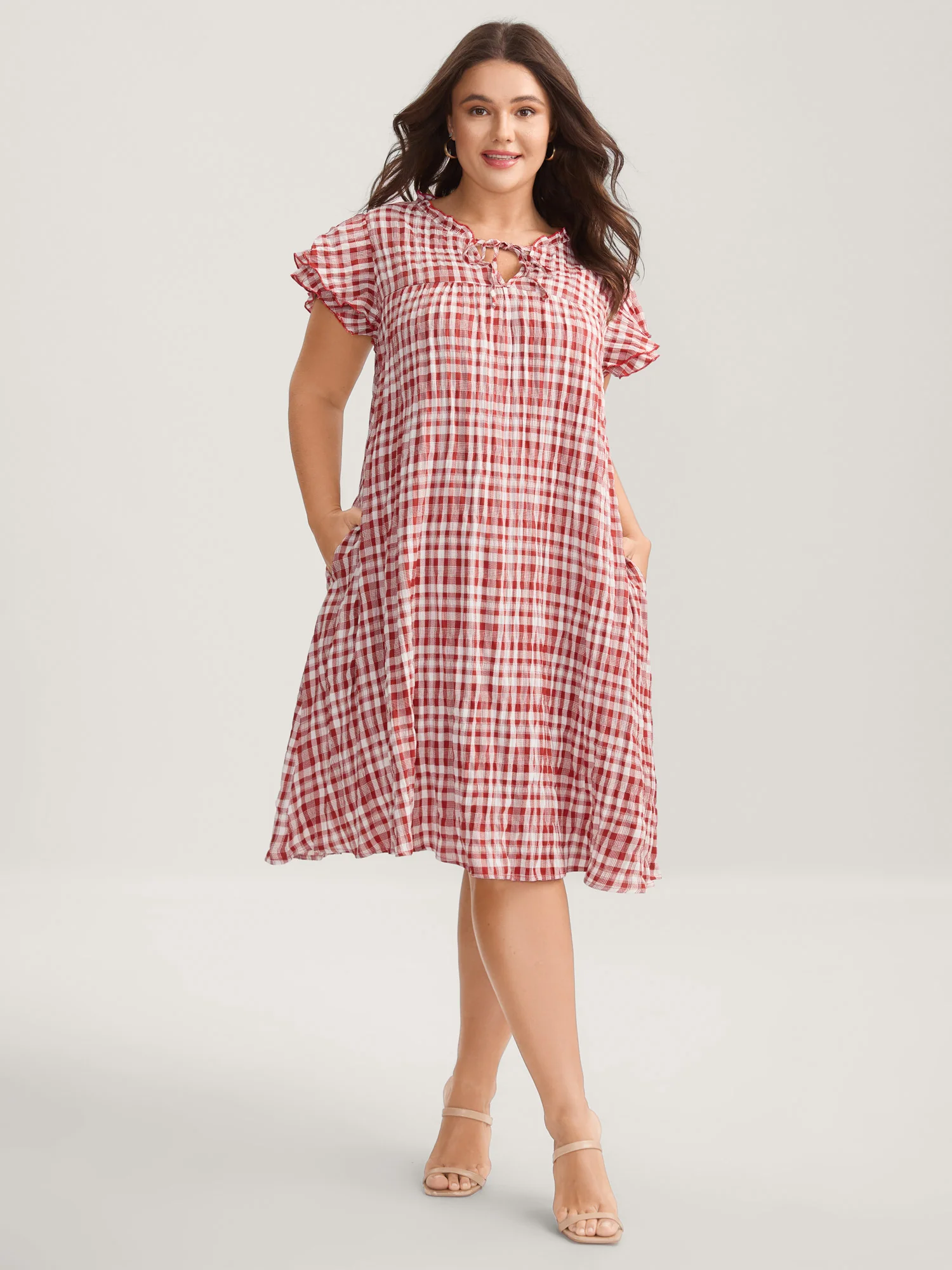 Sweet Plaid Pattern Pockets Mini Dress - Image 2