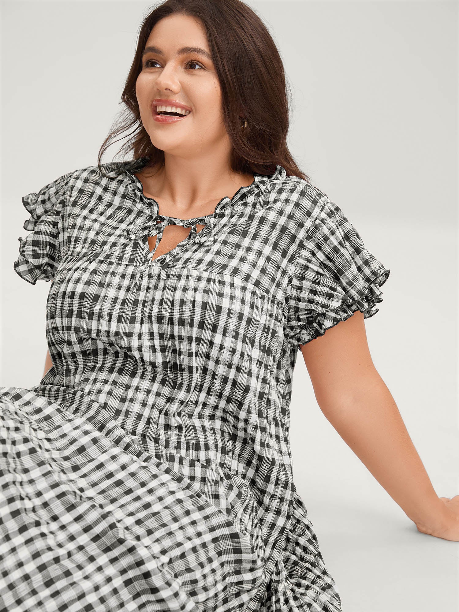 Sweet Plaid Pattern Pockets Mini Dress - Image 8