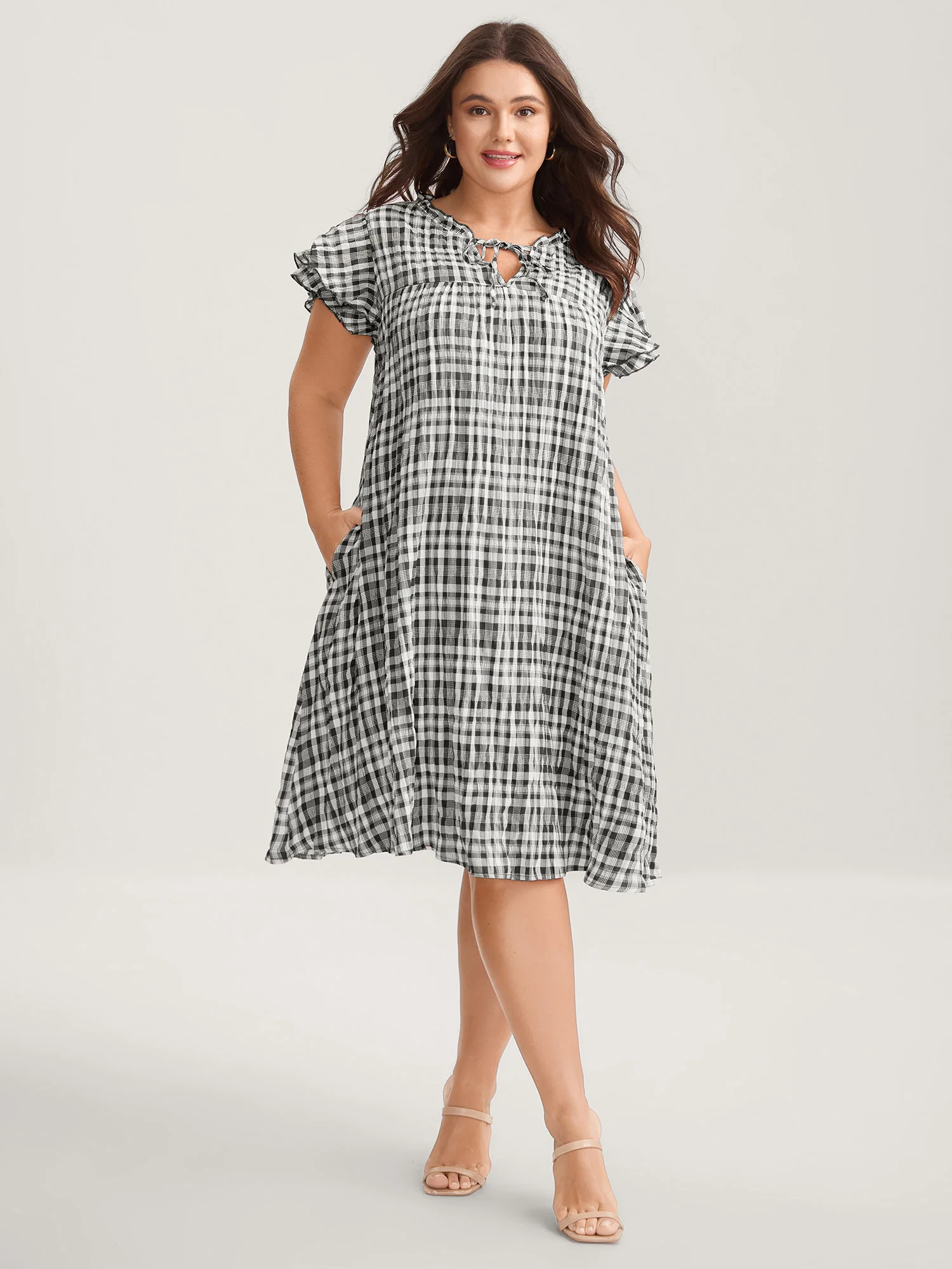 Sweet Plaid Pattern Pockets Mini Dress - Image 9