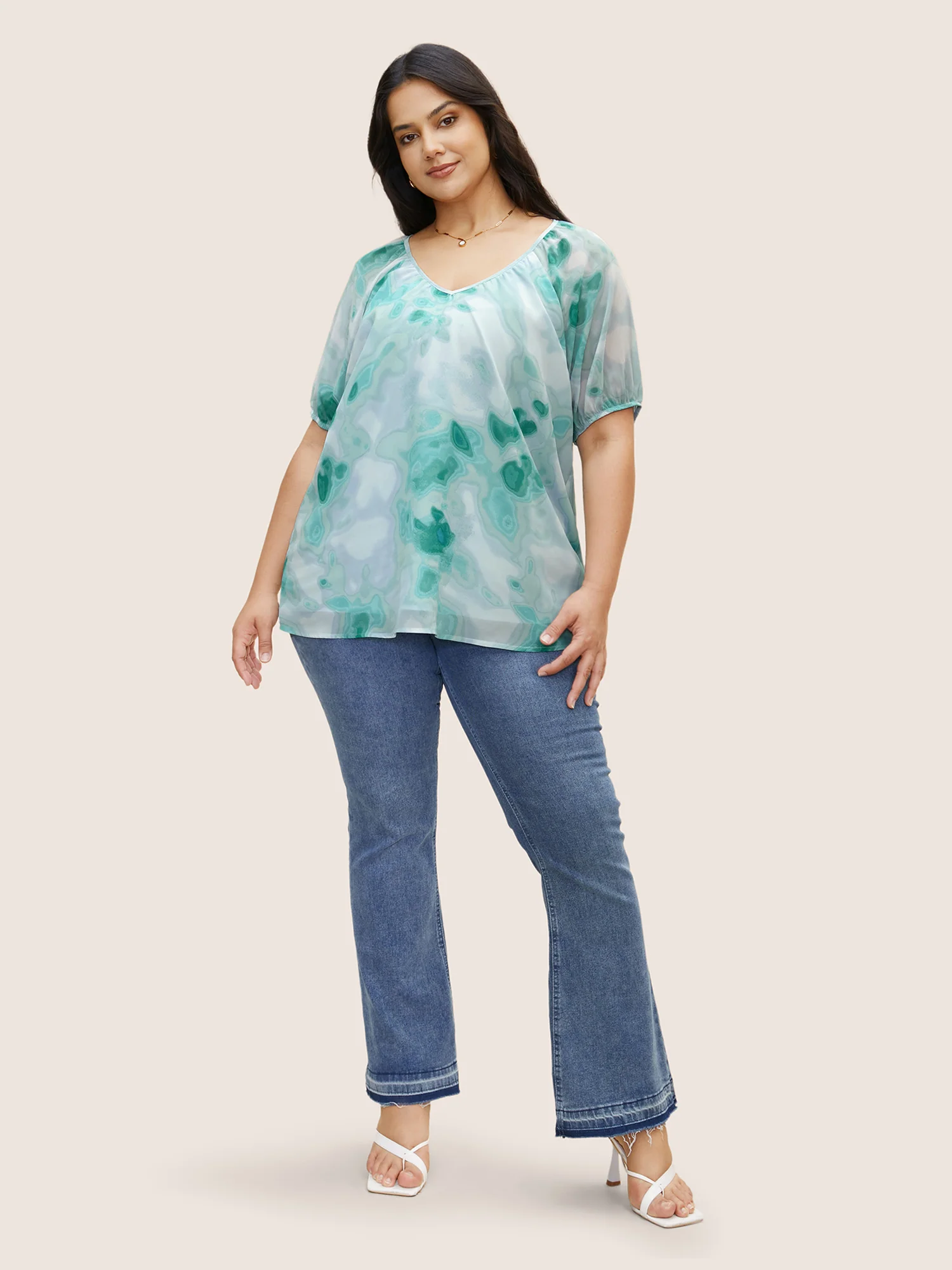 Synthetic Texture Raglan Sleeve Gathered Blouse - Image 2
