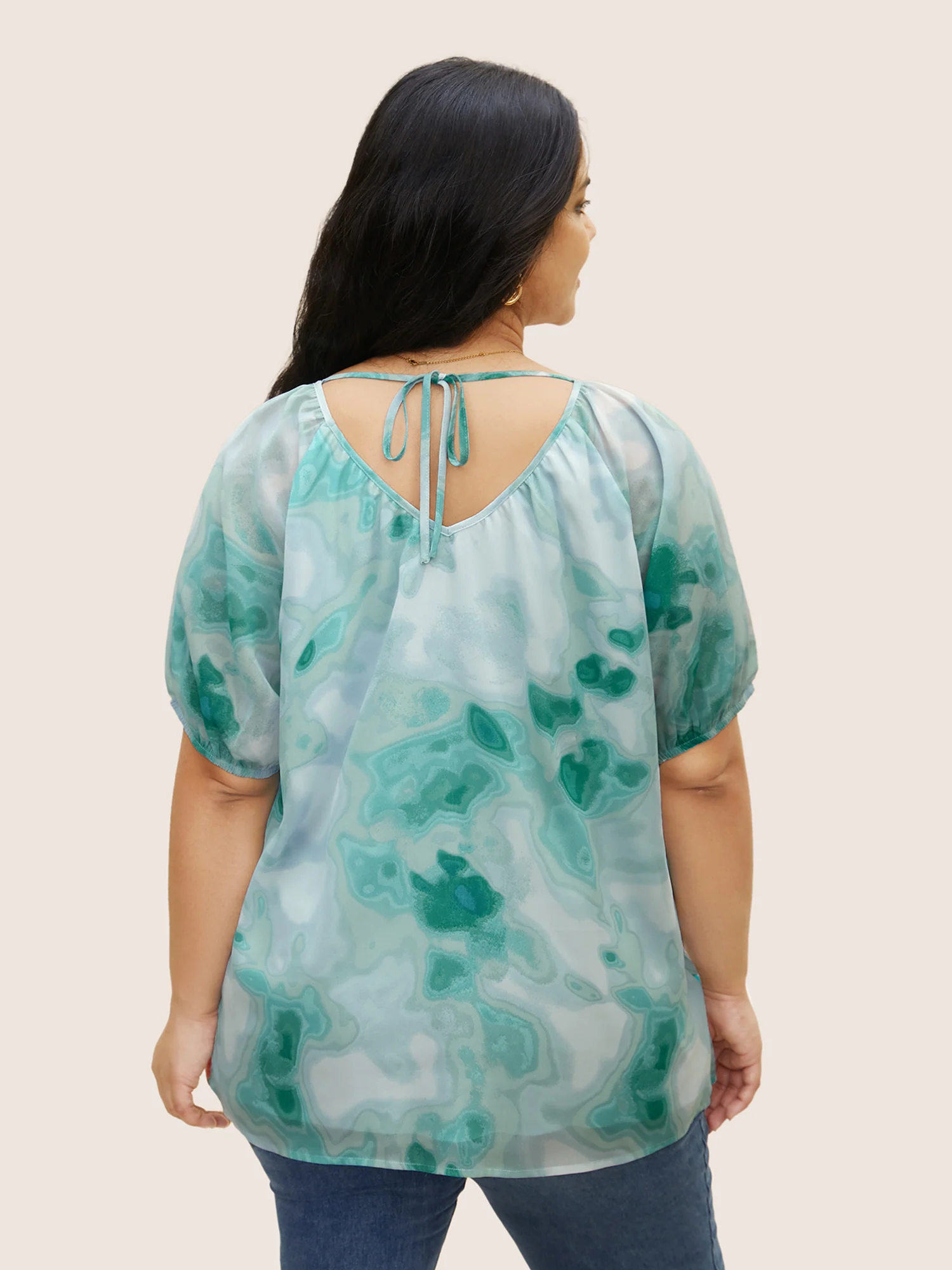 Synthetic Texture Raglan Sleeve Gathered Blouse - Image 3