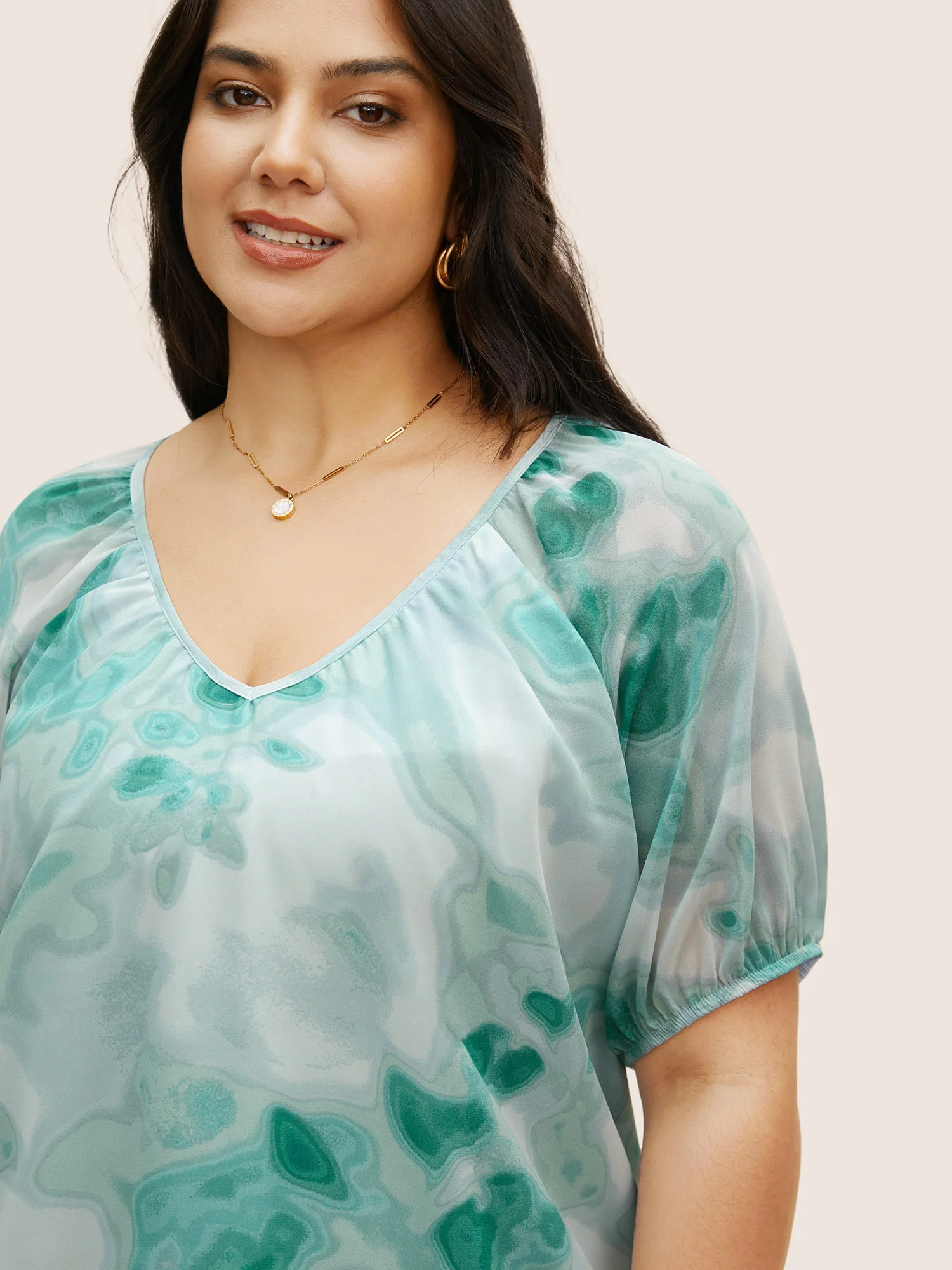 Synthetic Texture Raglan Sleeve Gathered Blouse - Image 4
