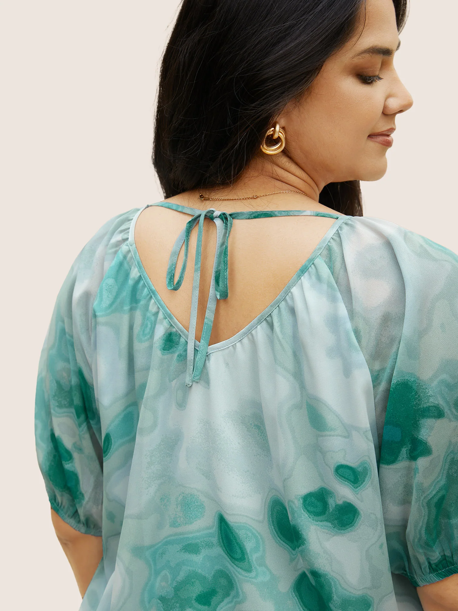 Synthetic Texture Raglan Sleeve Gathered Blouse - Image 5