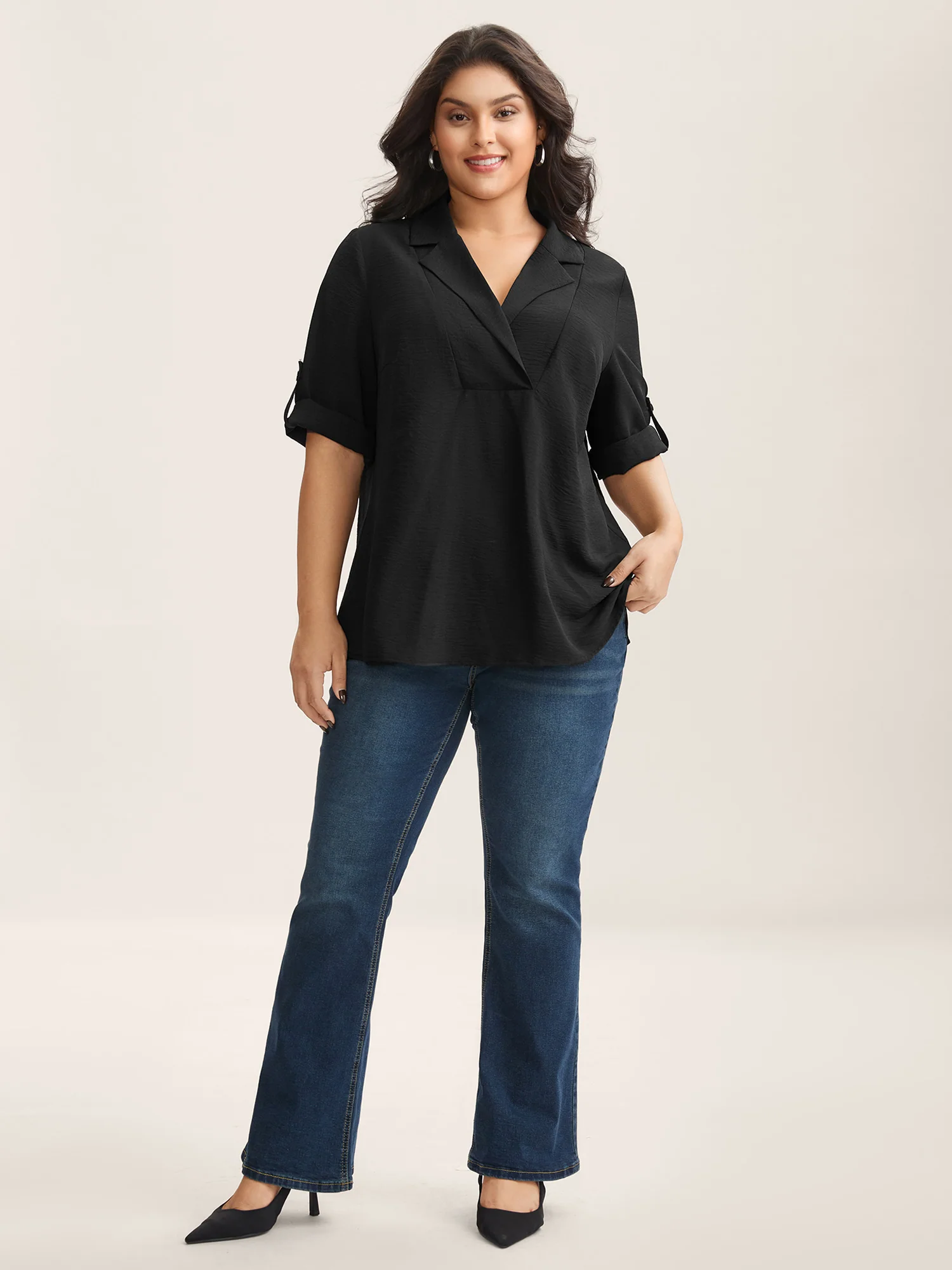 Tab Sleeve Blazer Collar Blouse - Image 3