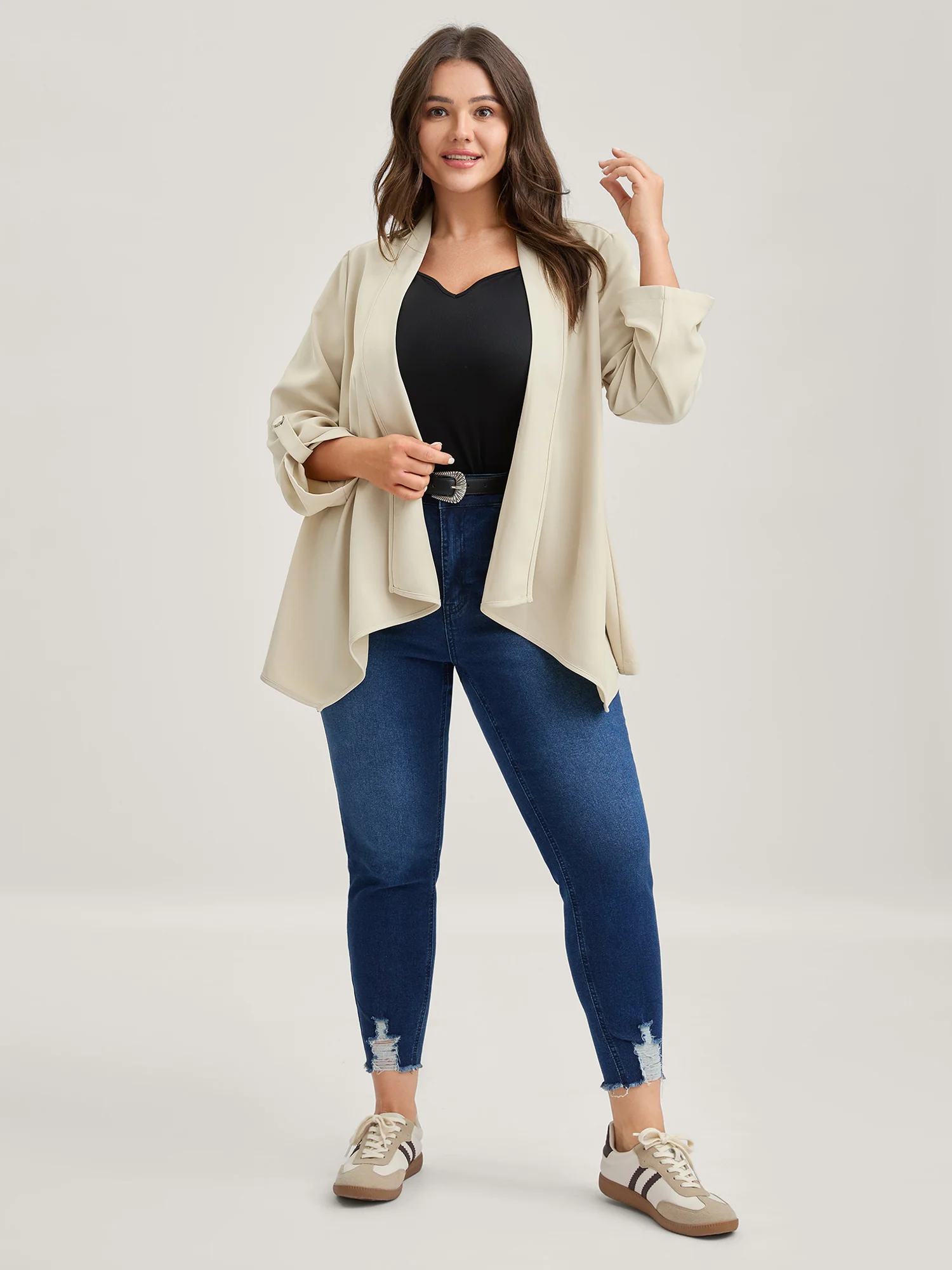 Tab Sleeve Open-Front Folded Hem Jacket - Image 2