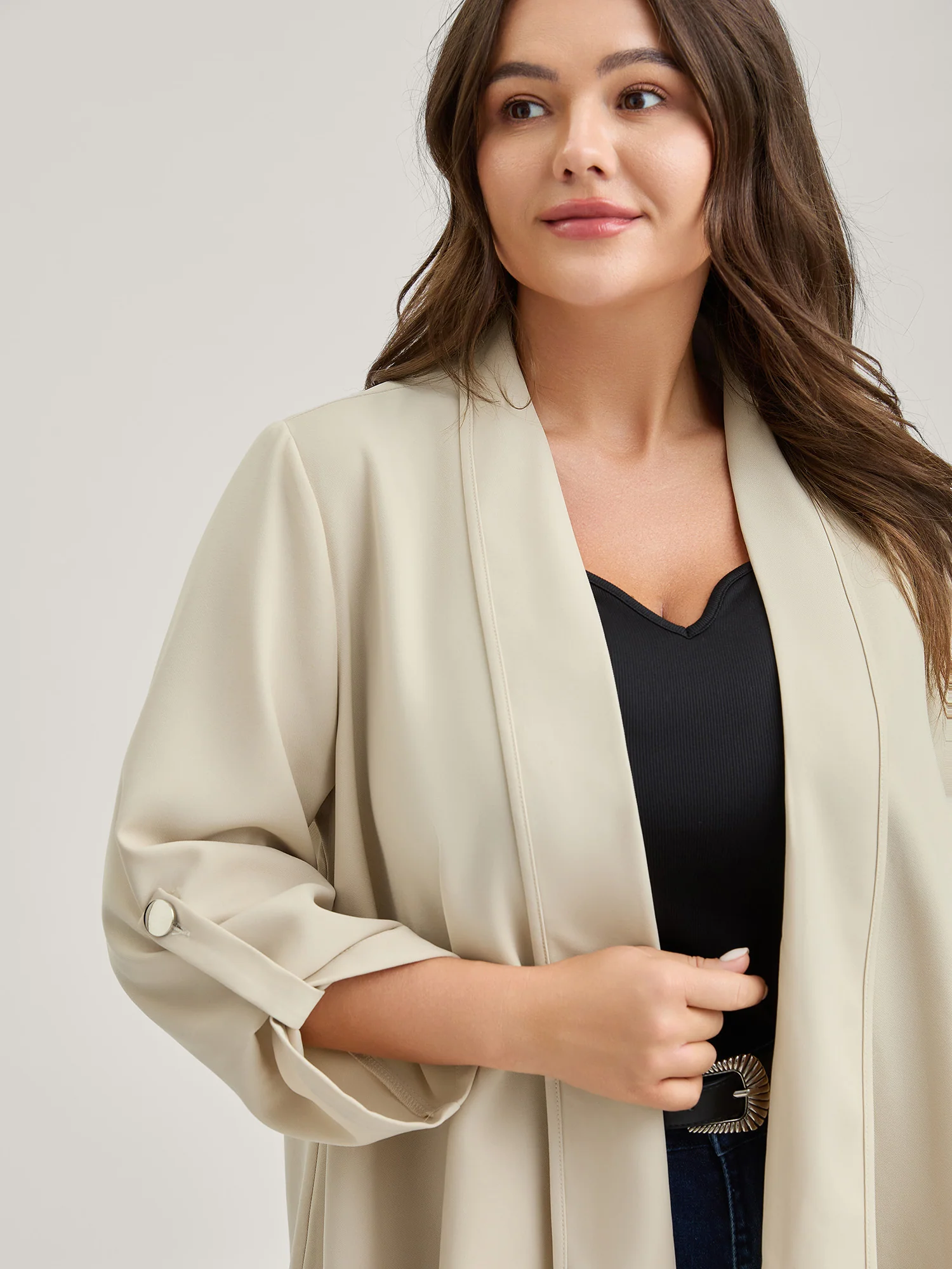 Tab Sleeve Open-Front Folded Hem Jacket - Image 3