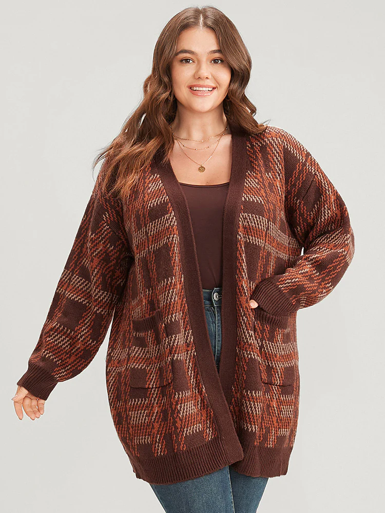 Tartan Contrast Pointelle Knit Pocket Open Front Cardigan - Image 3