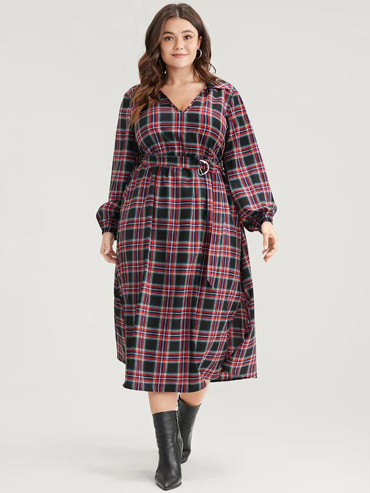 Tartan Lantern Sleeve Pocket Belted Midi Dress - Image 2