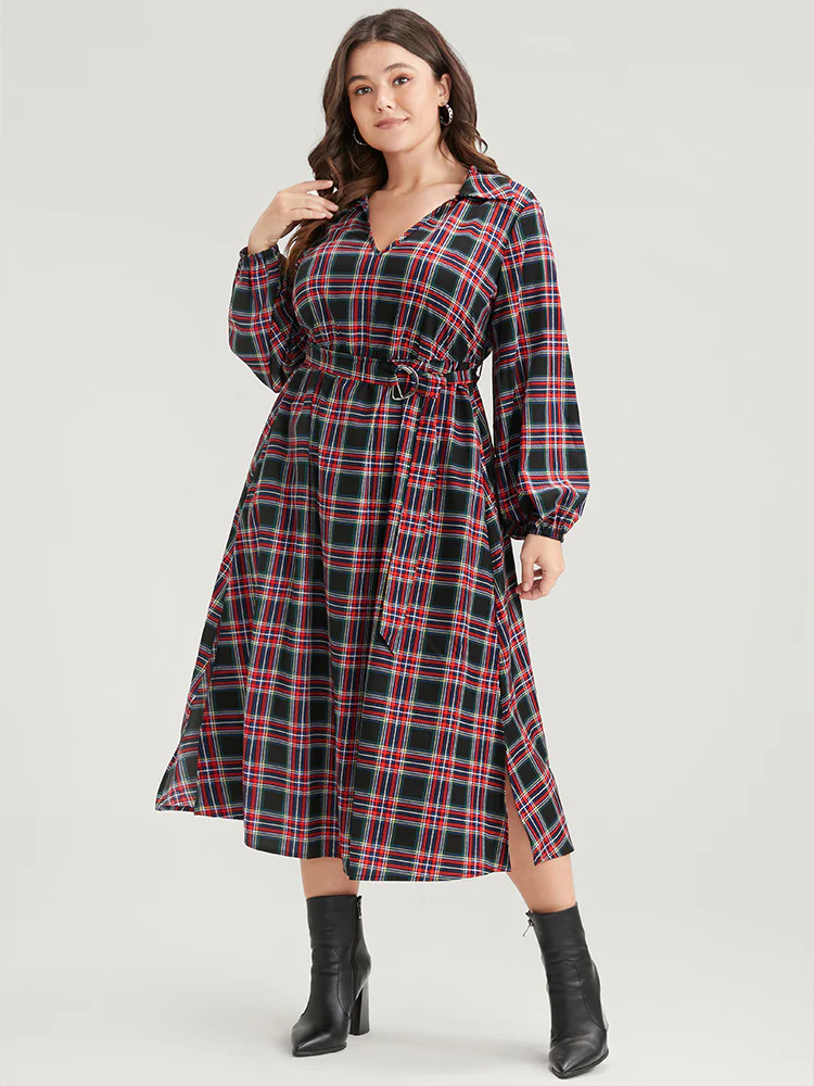 Tartan Lantern Sleeve Pocket Belted Midi Dress - Image 3