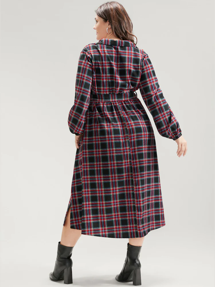 Tartan Lantern Sleeve Pocket Belted Midi Dress - Image 4