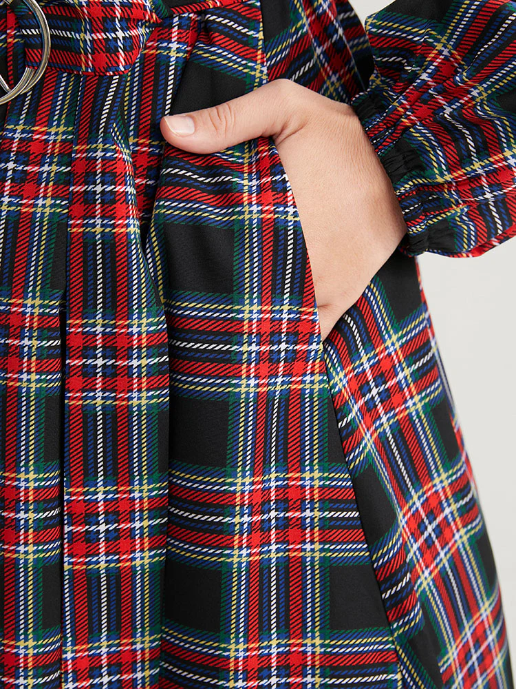 Tartan Lantern Sleeve Pocket Belted Midi Dress - Image 6