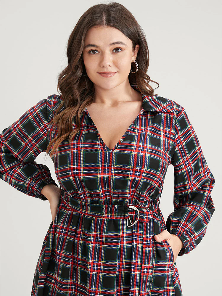 Tartan Lantern Sleeve Pocket Belted Midi Dress - Image 8