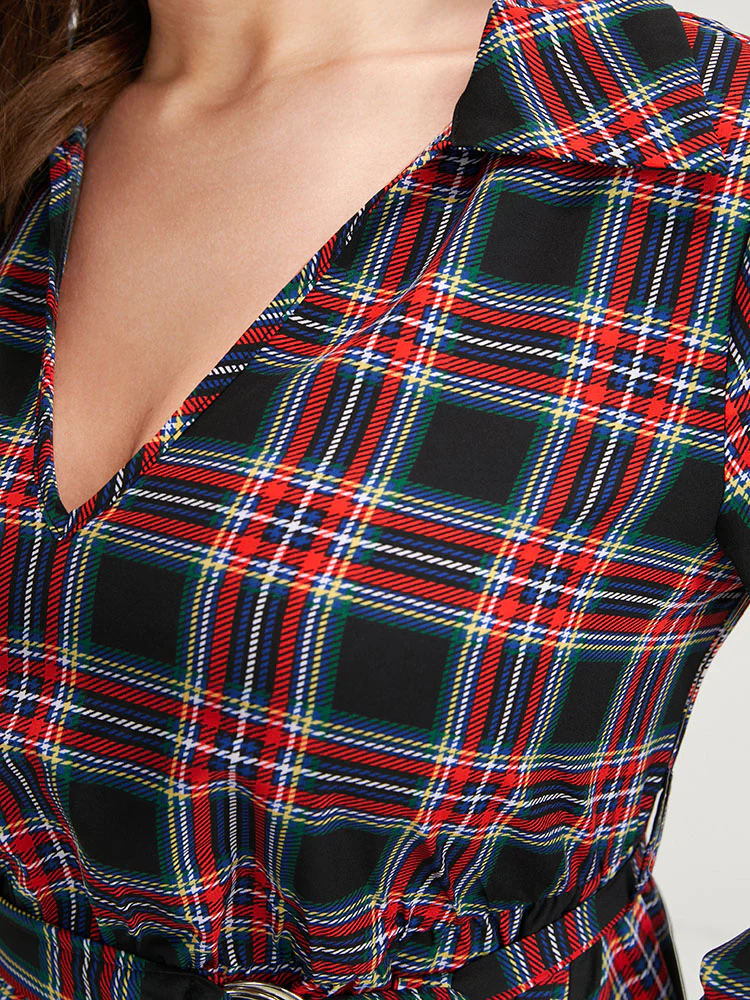 Tartan Lantern Sleeve Pocket Belted Midi Dress - Image 9