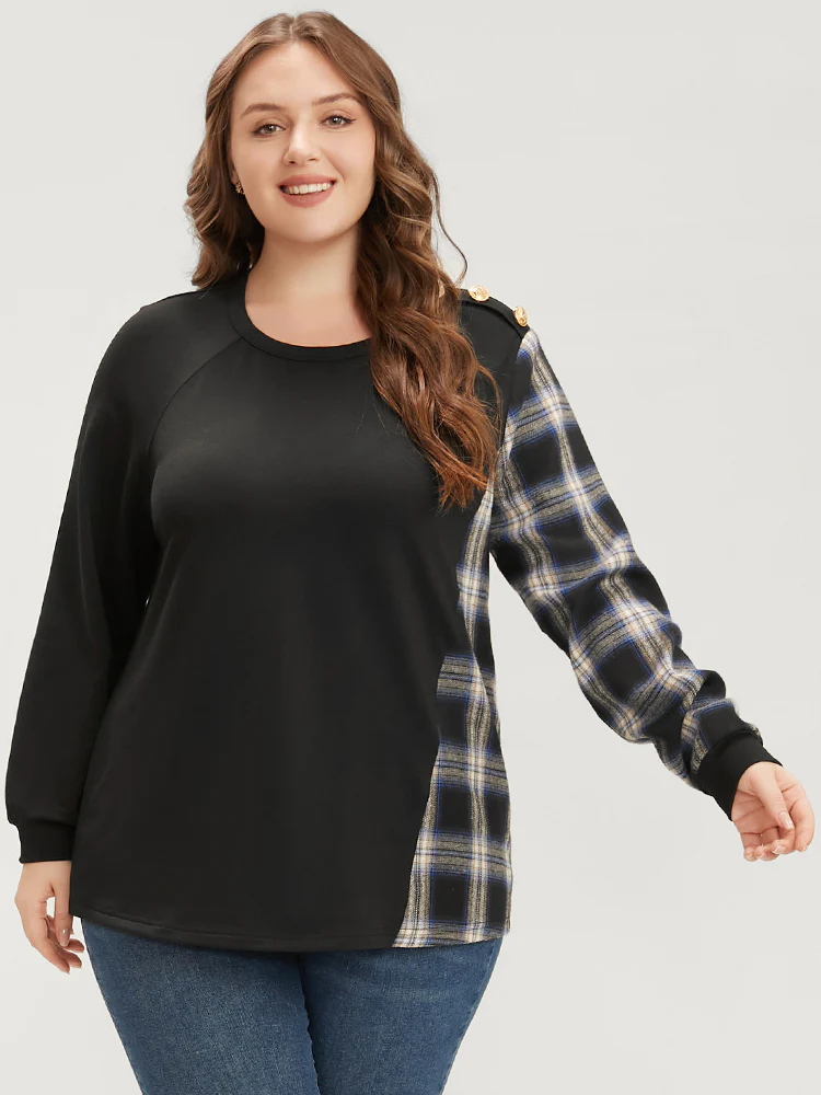 Tartan Patchwork Button Detail Round Neck Sweatshirt