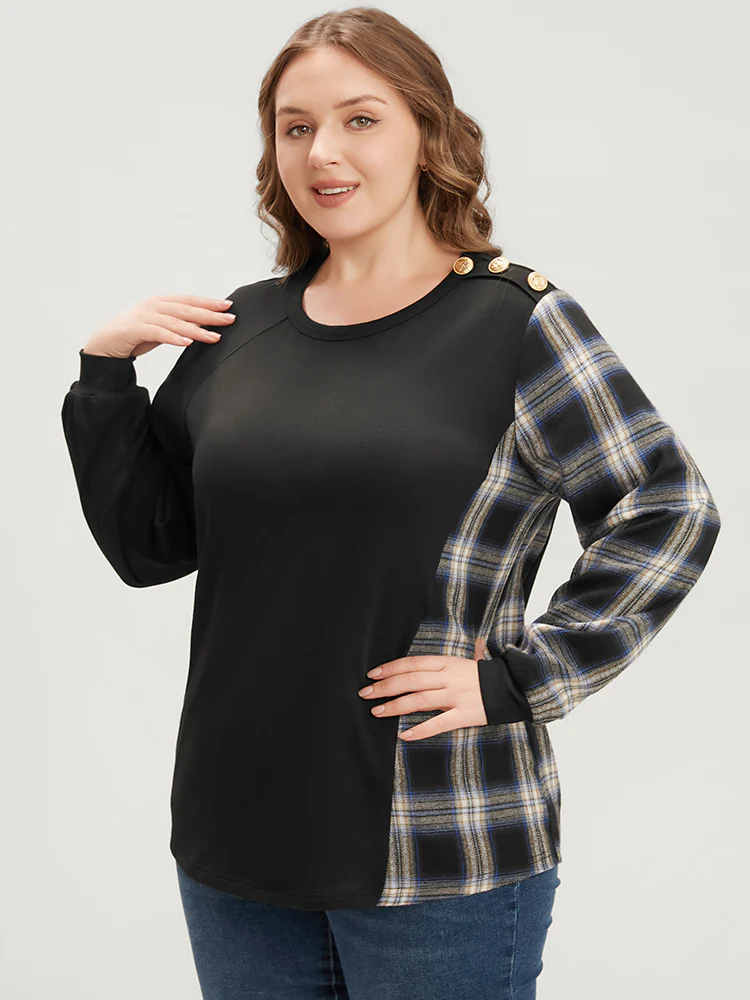Tartan Patchwork Button Detail Round Neck Sweatshirt - Image 2