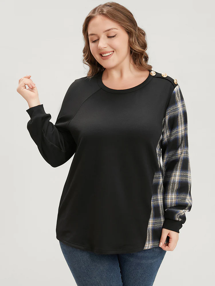 Tartan Patchwork Button Detail Round Neck Sweatshirt - Image 3