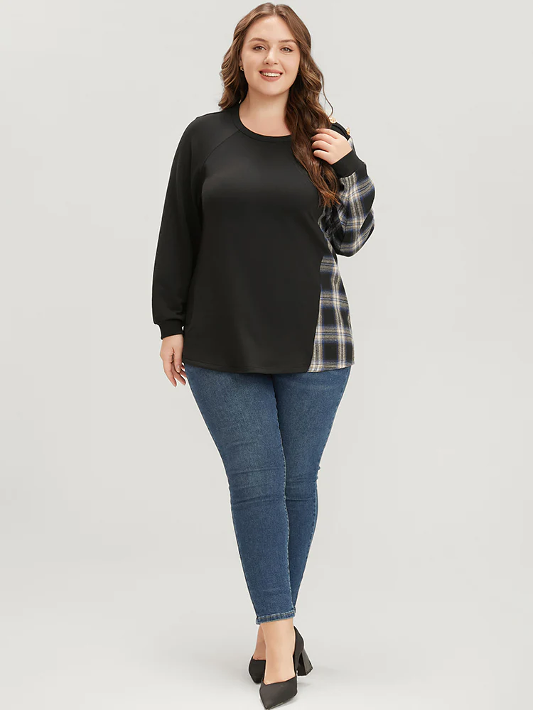 Tartan Patchwork Button Detail Round Neck Sweatshirt - Image 4