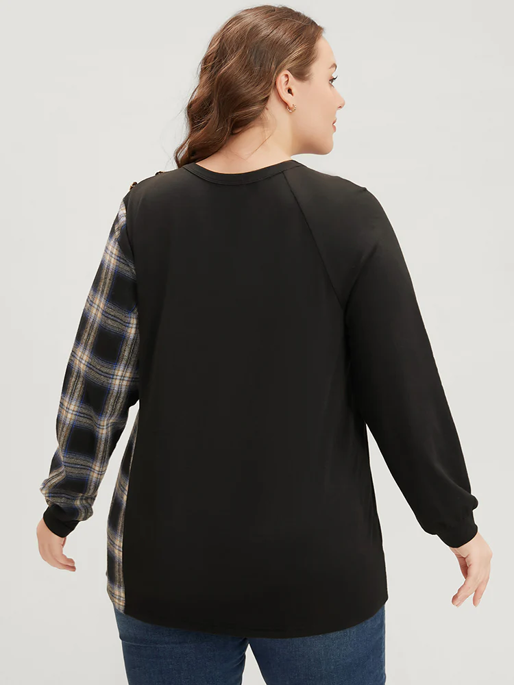 Tartan Patchwork Button Detail Round Neck Sweatshirt - Image 5