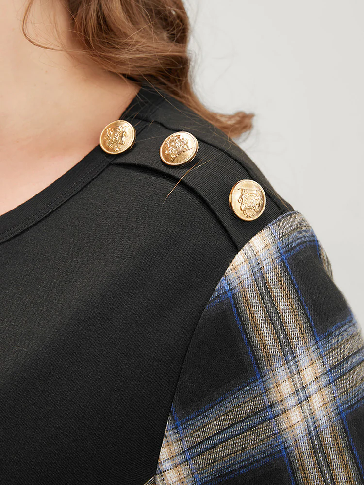Tartan Patchwork Button Detail Round Neck Sweatshirt - Image 6